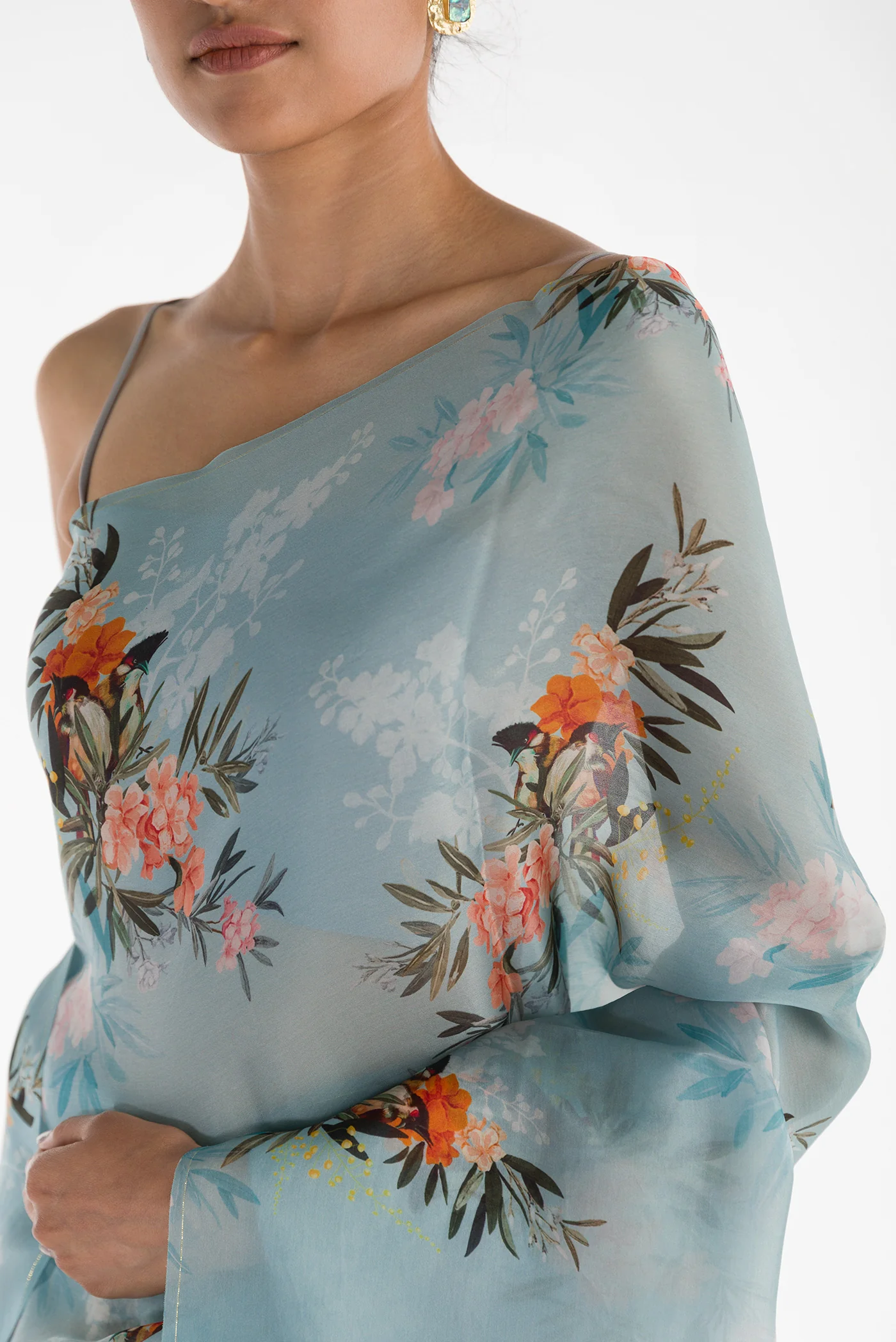 Enigmatic Bulbuls-Light Blue Satin Organza Saree - Image 2