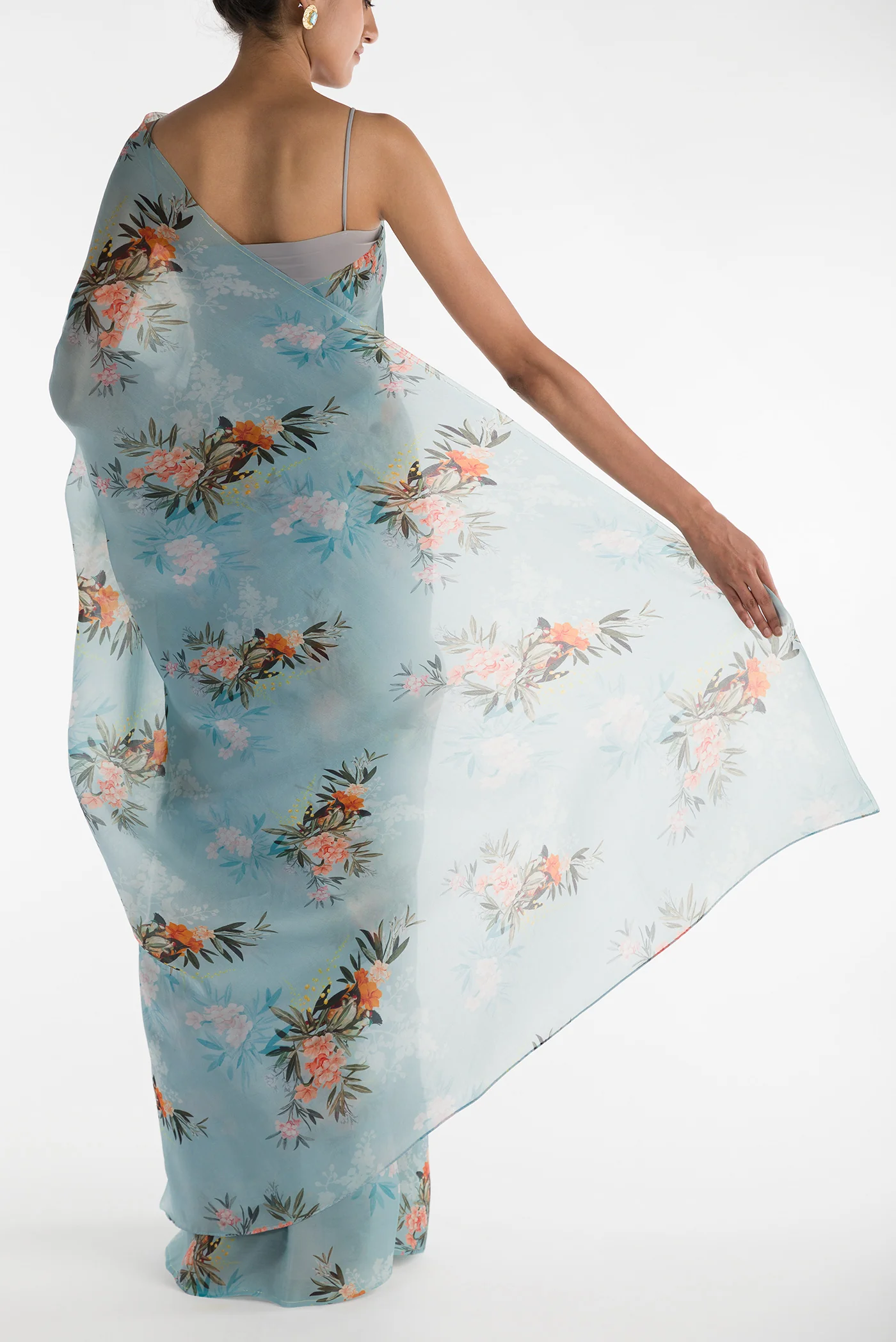 Enigmatic Bulbuls-Light Blue Satin Organza Saree - Image 3