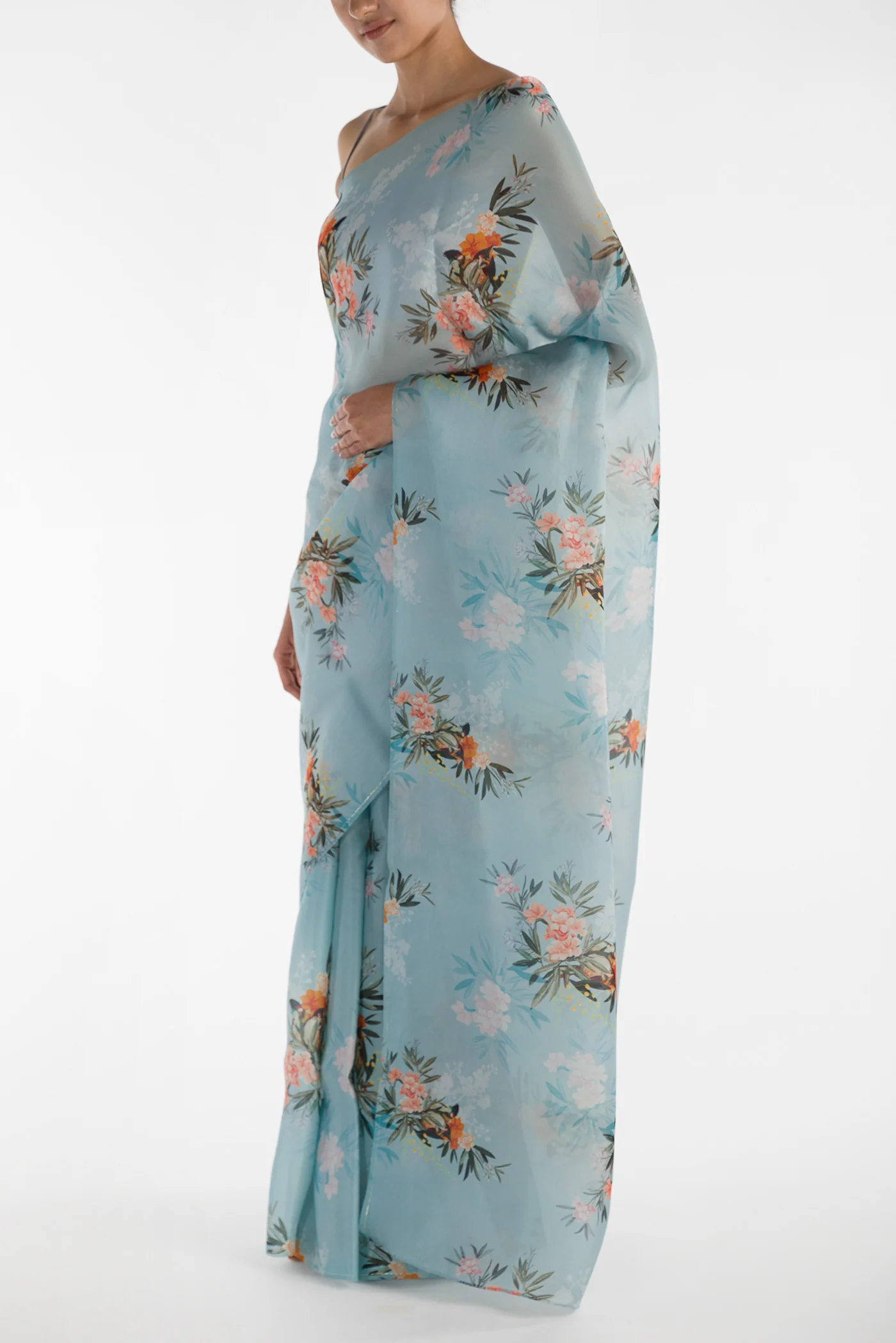 Enigmatic Bulbuls-Light Blue Satin Organza Saree - Image 4
