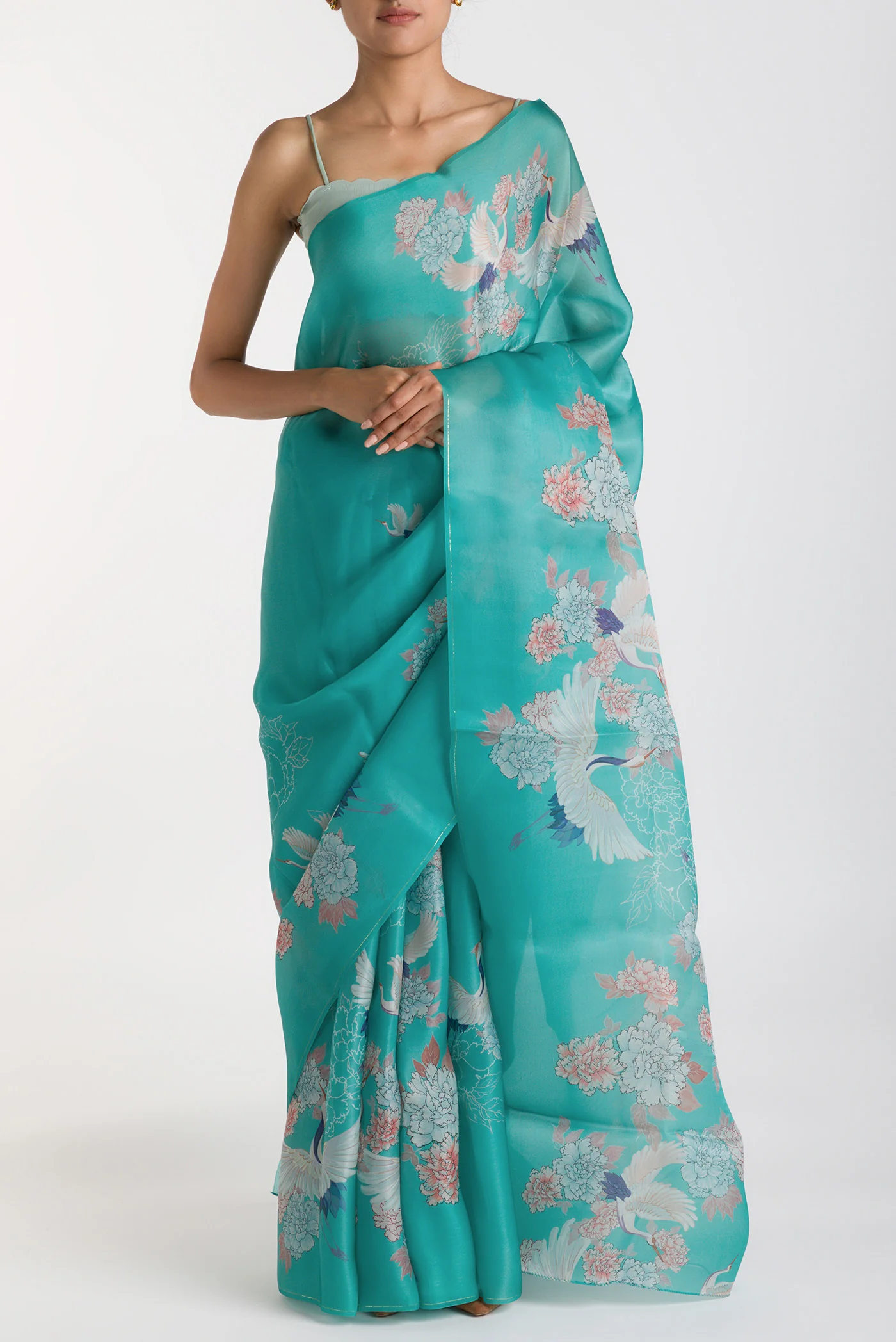Flying Cranes-Light Blue Satin Organza Saree