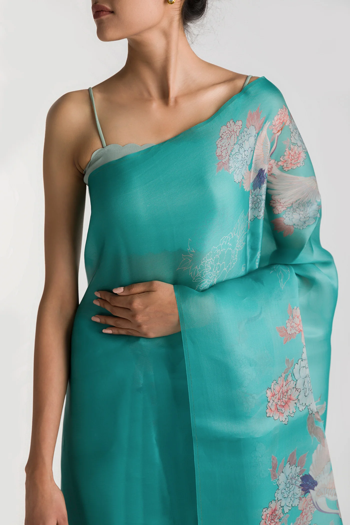Flying Cranes-Light Blue Satin Organza Saree - Image 2