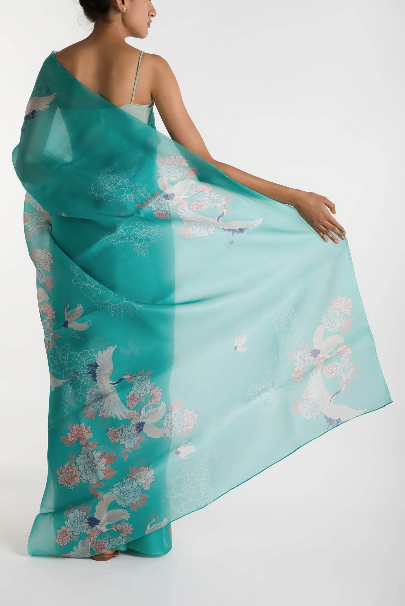 Flying Cranes-Light Blue Satin Organza Saree - Image 3