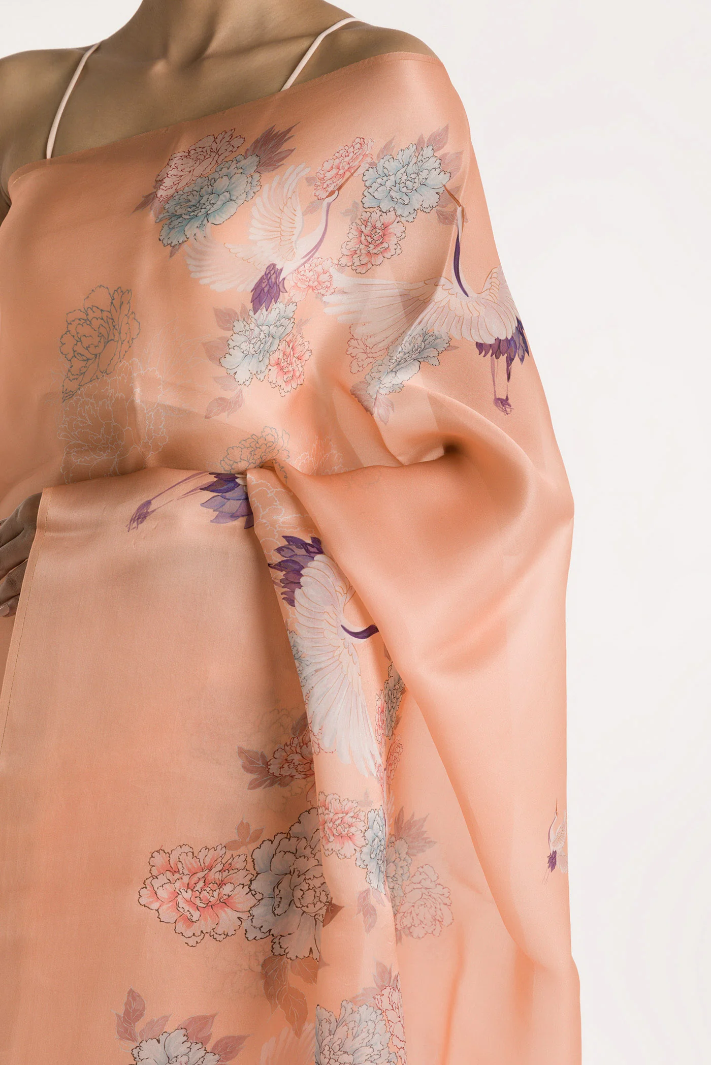 Flying Cranes-Peach Satin Organza Saree - Image 2