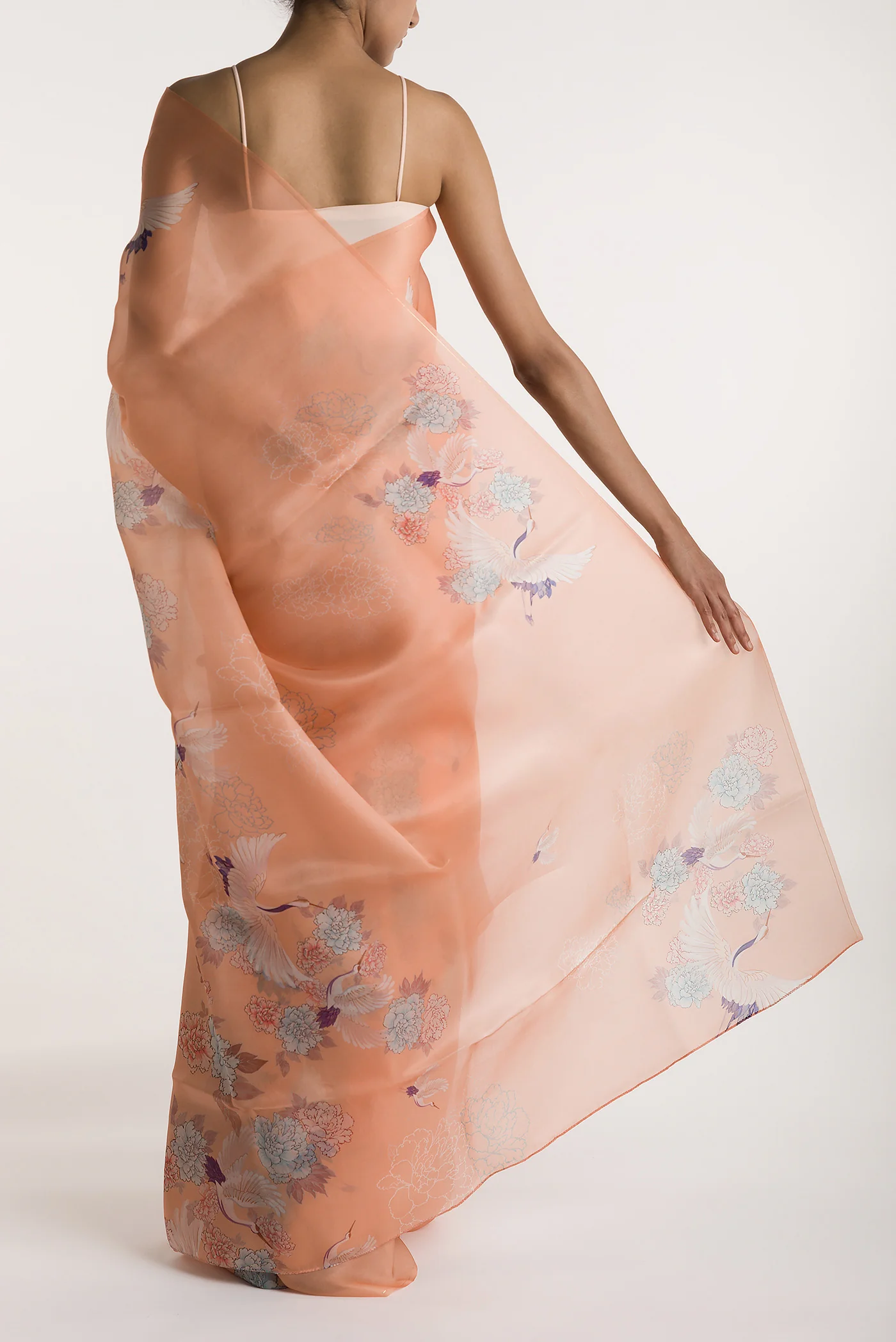 Flying Cranes-Peach Satin Organza Saree - Image 3