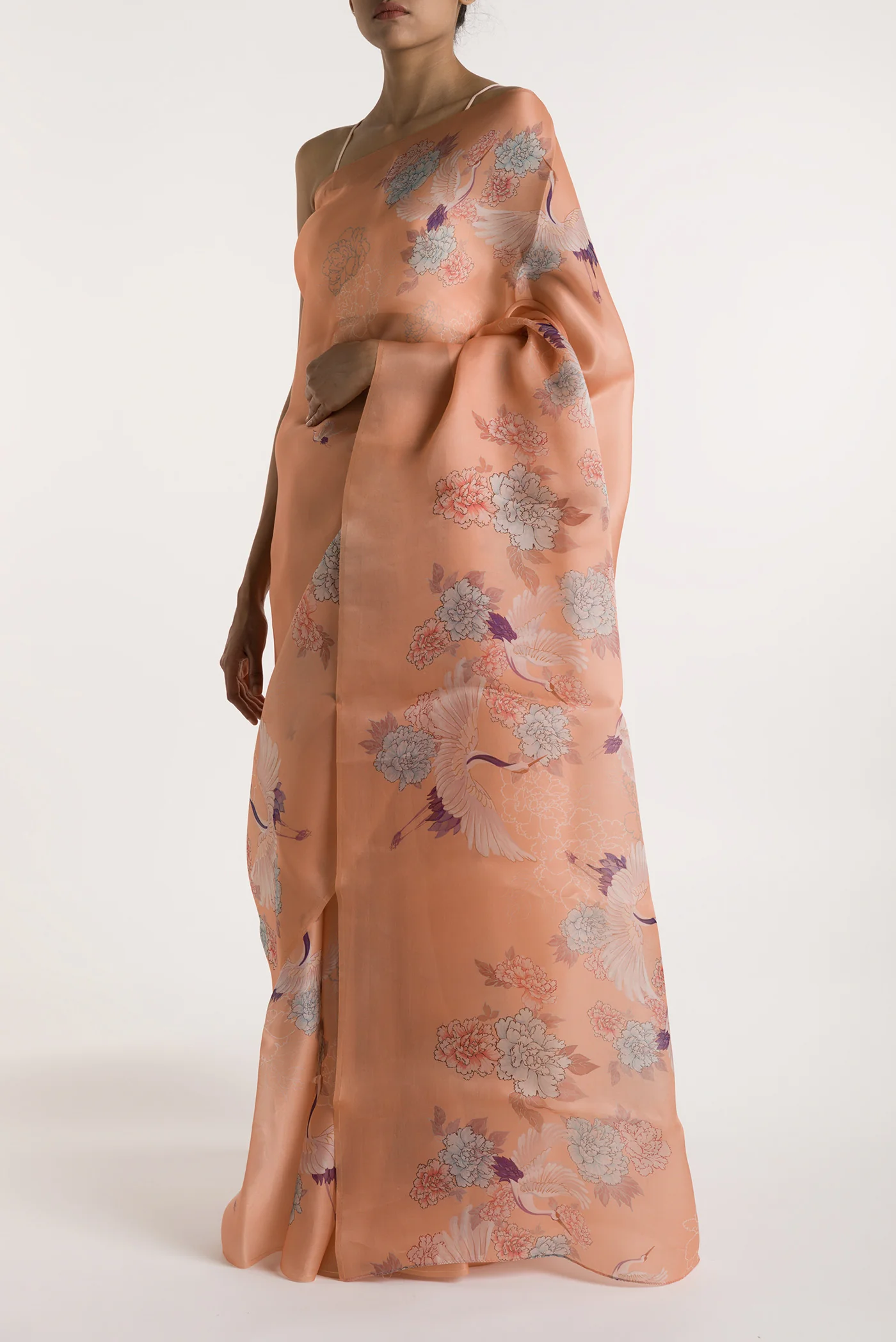 Flying Cranes-Peach Satin Organza Saree - Image 4