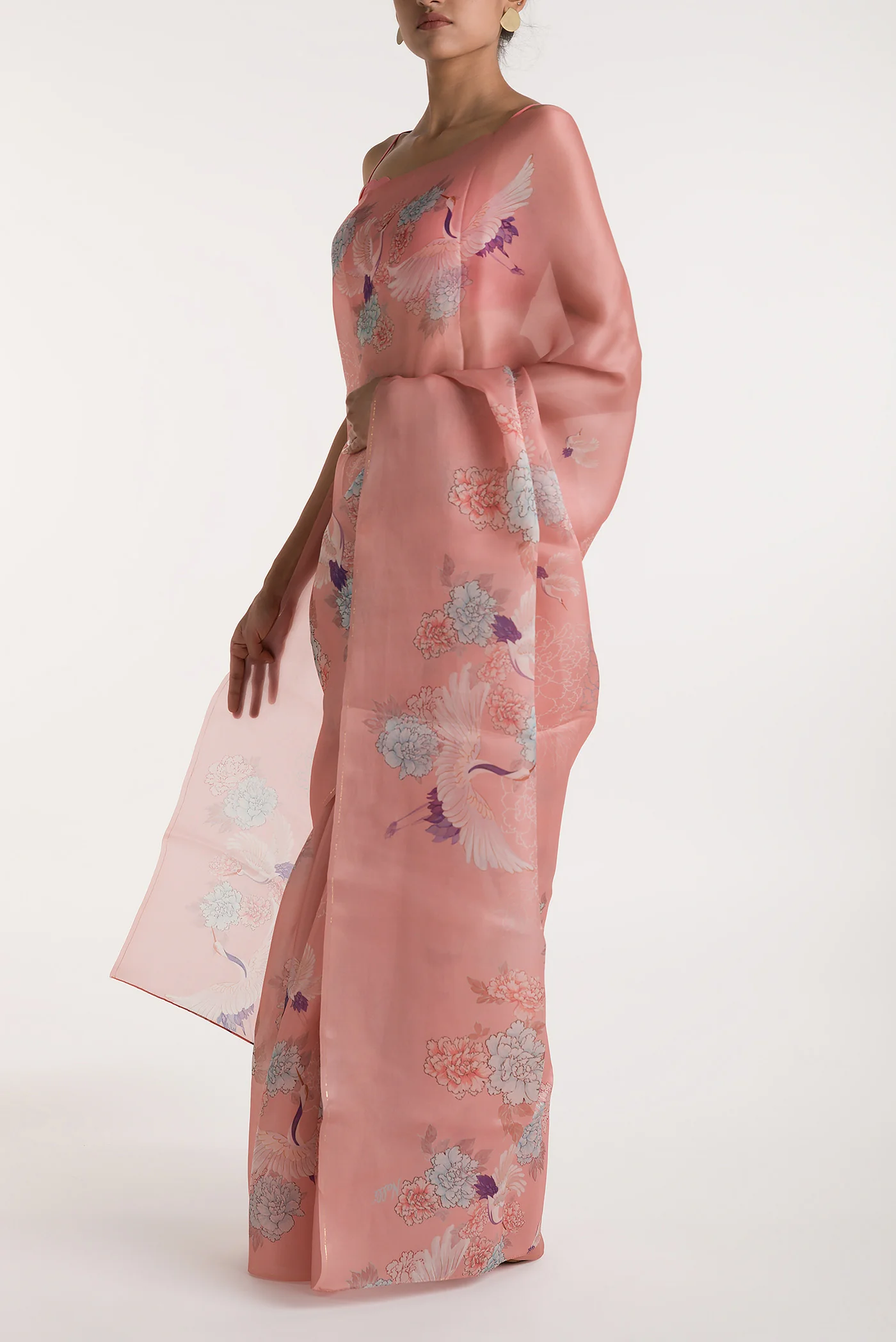 Flying Cranes-Pink Satin Organza Saree - Image 4