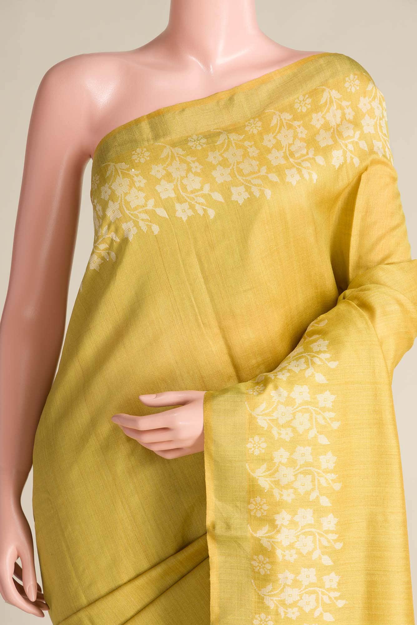 Forget Me Not-Yellow Bhagalpuri Tussar Silk Saree - Image 3