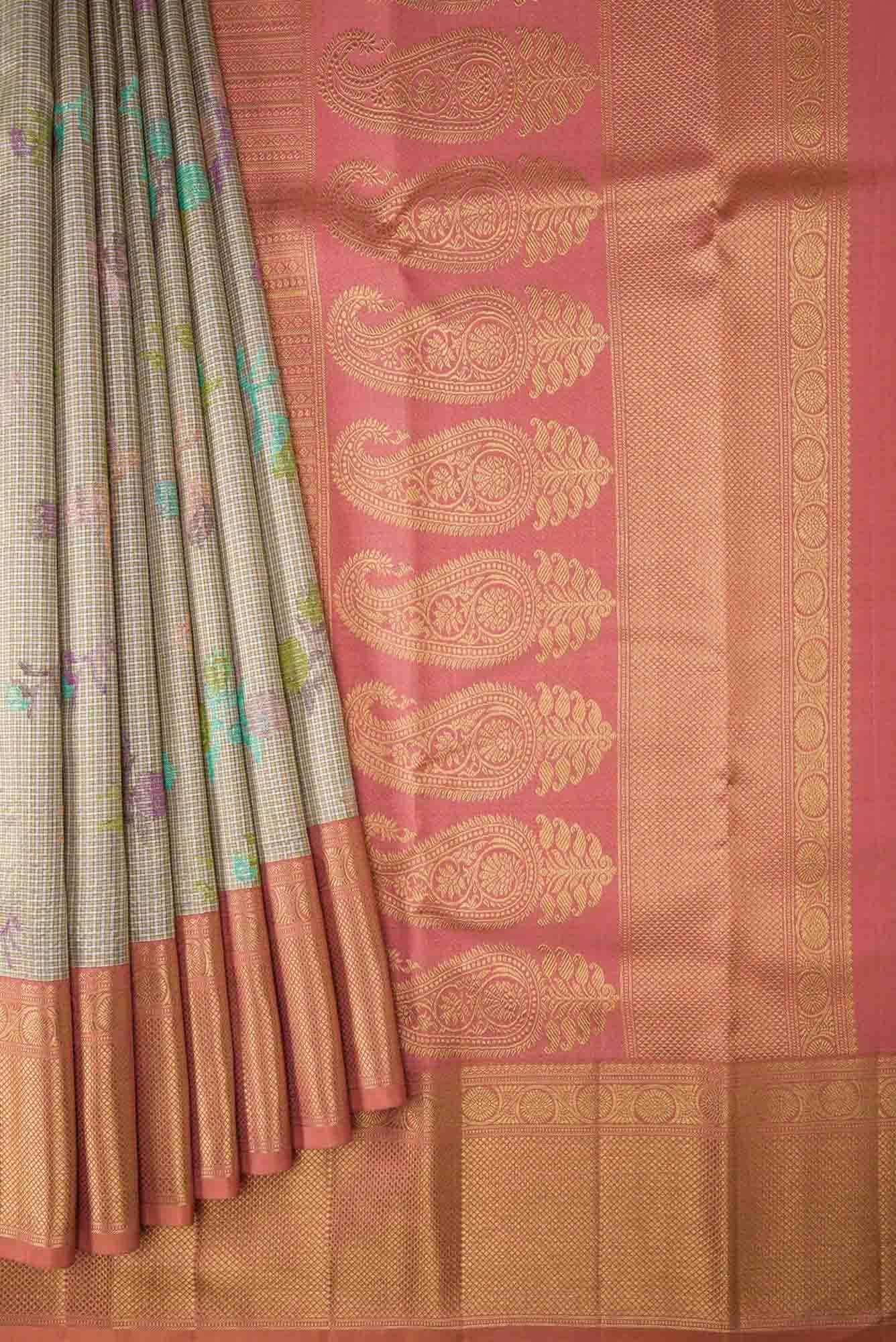 Pure Silk Pure Zari Gold and Silver Dual Tone Kanjivaram Tissue Saree - Image 2
