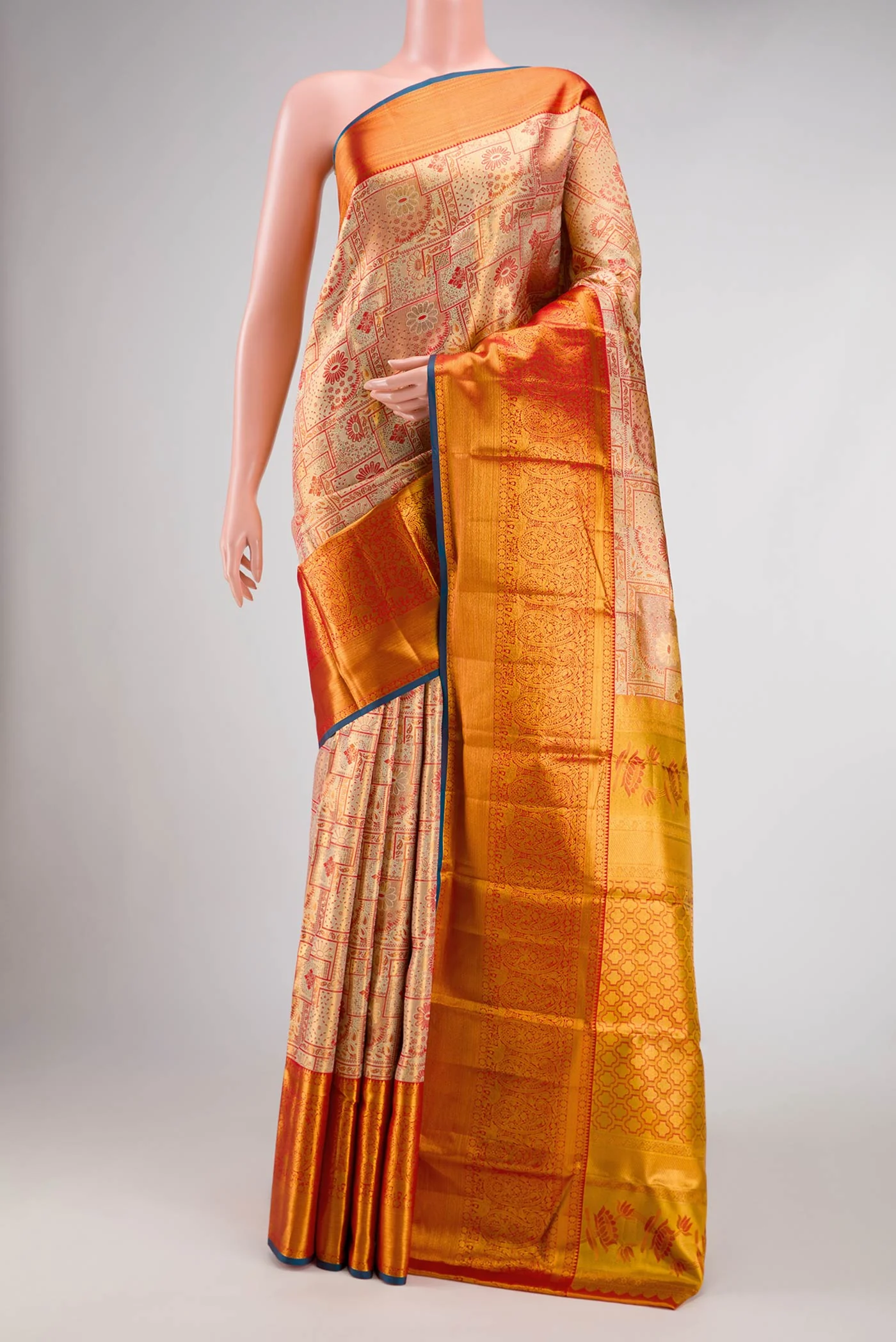 Gold with Red Color Kanchipuram Tissue Silk Saree