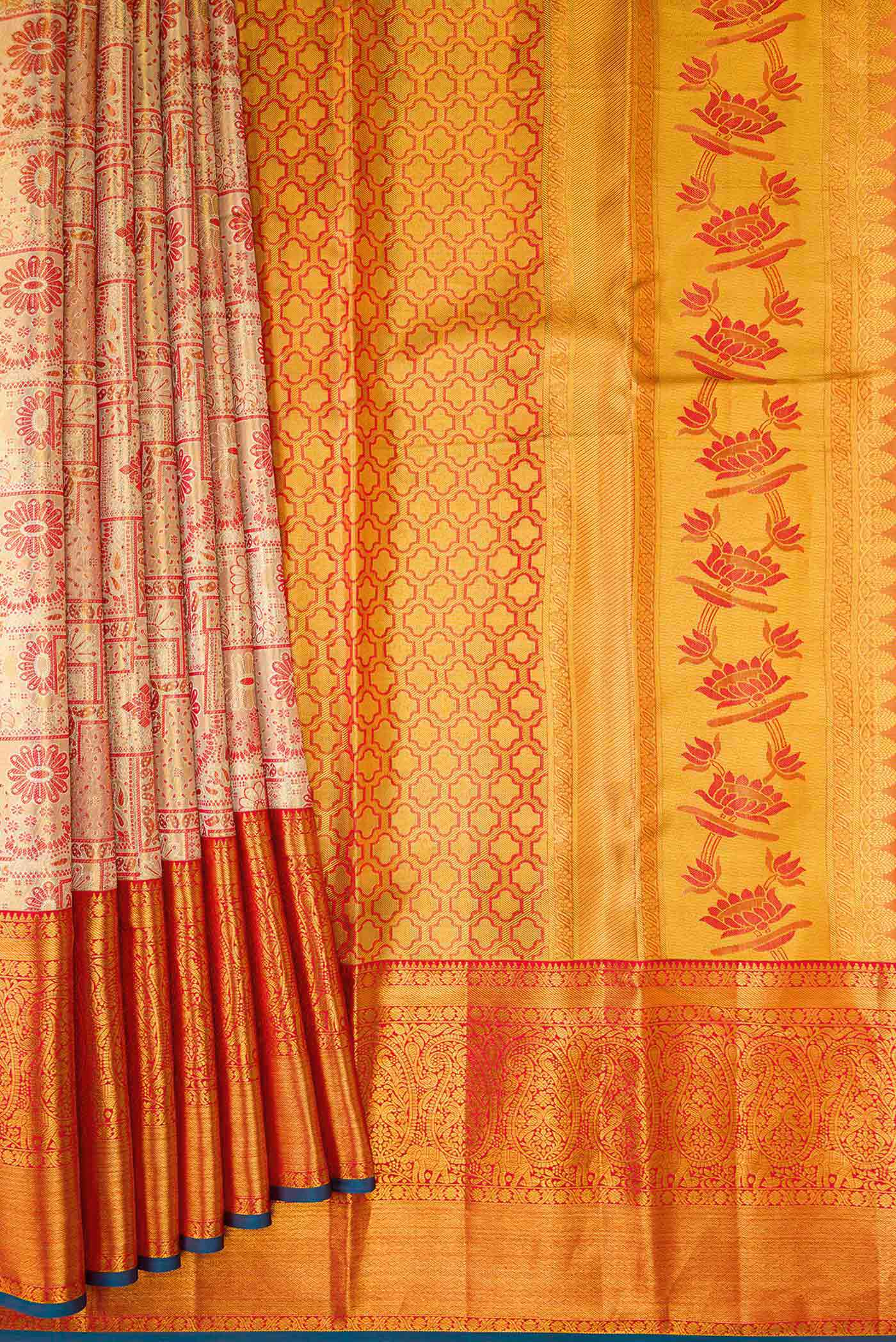 Gold with Red Color Kanchipuram Tissue Silk Saree - Image 4
