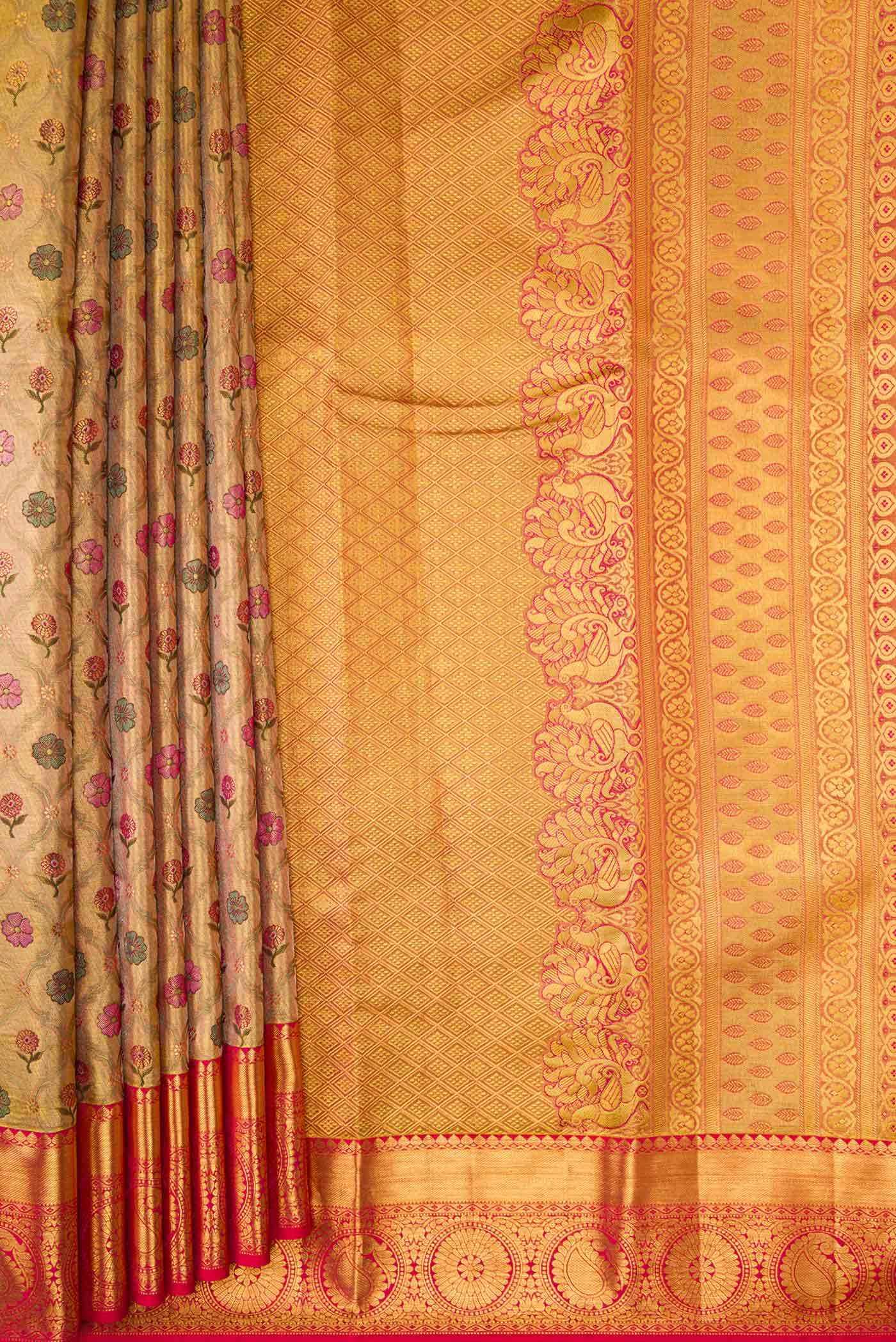 Gold Dual Tone Kanchipuram Tissue Silk Saree - Image 4