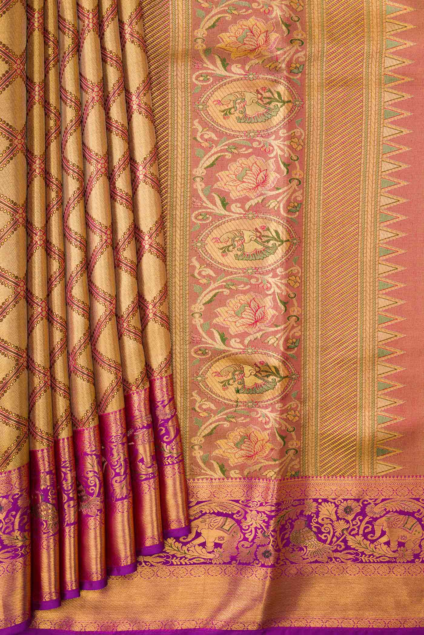 Gold Dual Tone Kanjivaram Tissue Silk Saree - Image 4