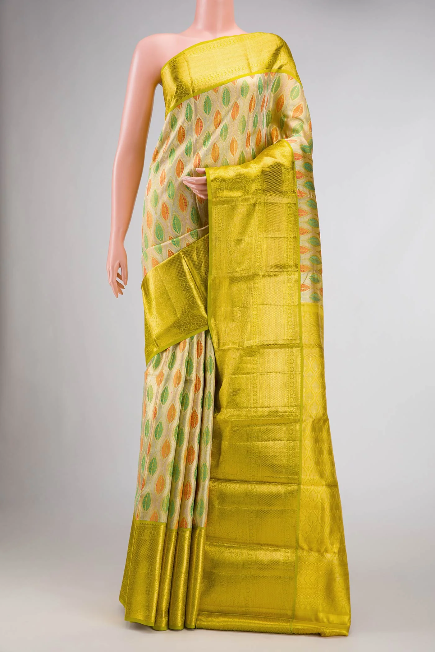 Gold ,Green and Pink Color Kanchipuram Tissue Silk Saree