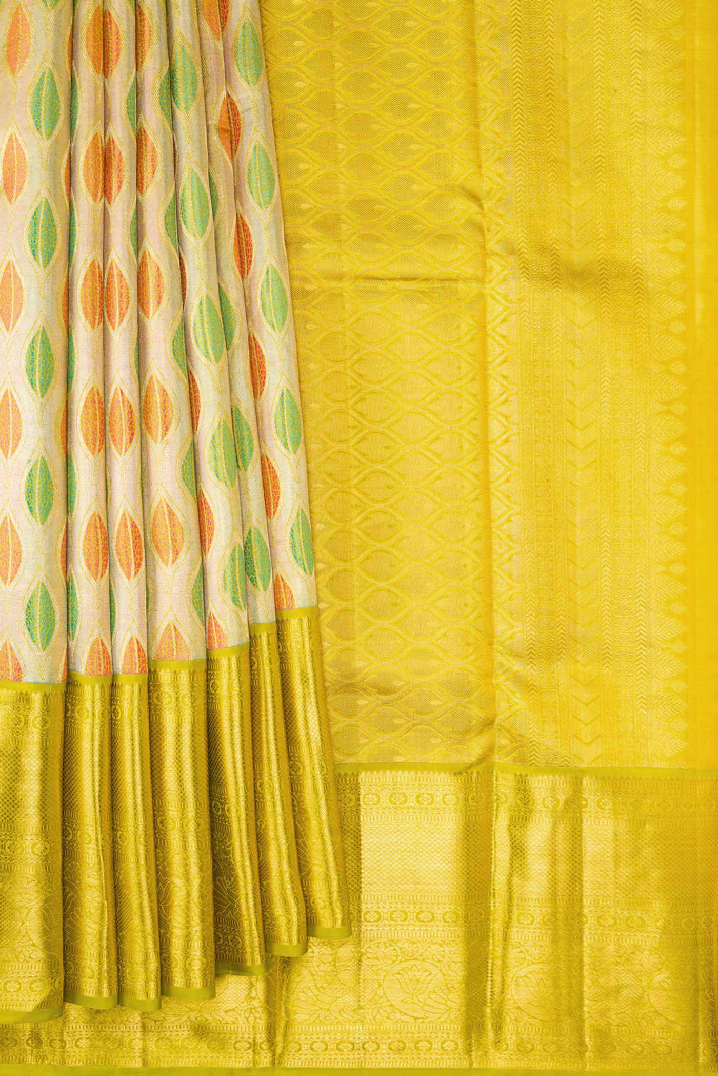 Gold ,Green and Pink Color Kanchipuram Tissue Silk Saree - Image 4
