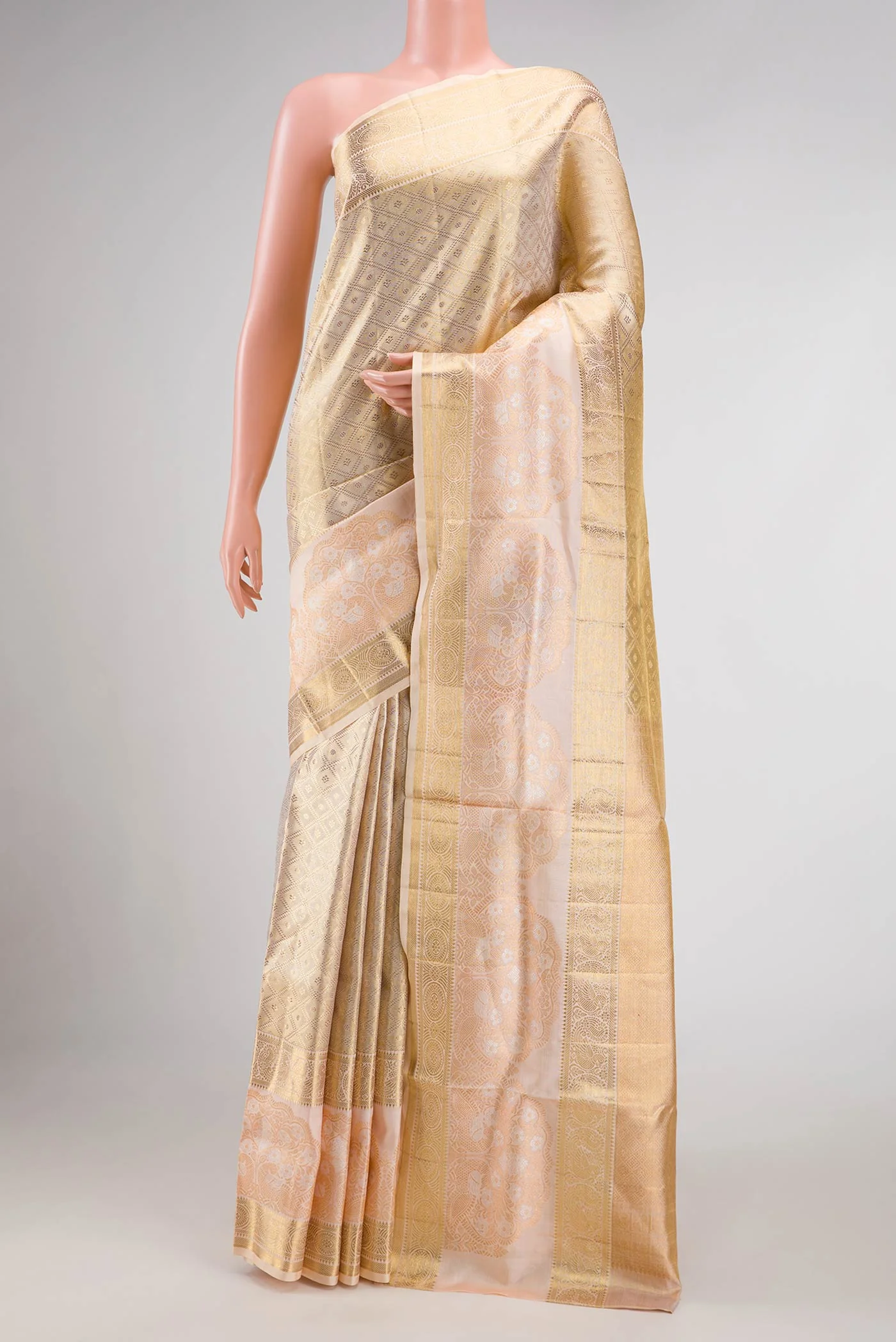Cream with Gold Color Kanjivaram Tissue Silk Saree