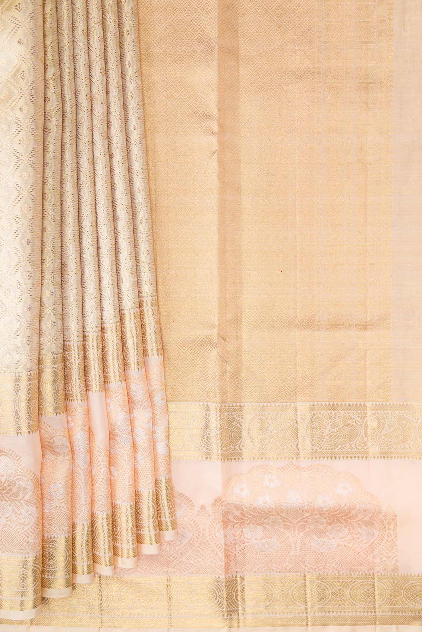Cream with Gold Color Kanjivaram Tissue Silk Saree - Image 4
