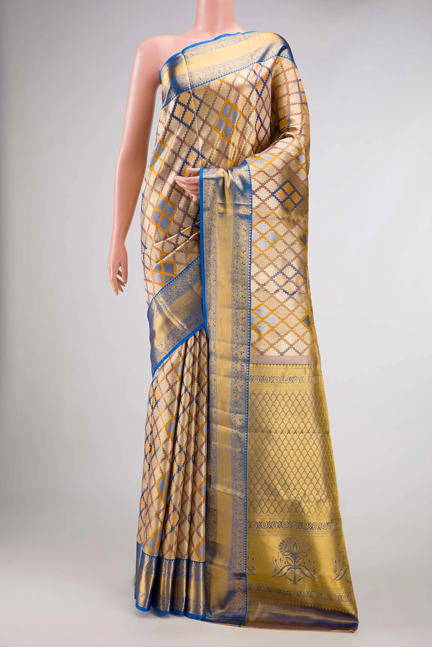 Gold with Blue Color Kanjivaram Tissue Silk Saree