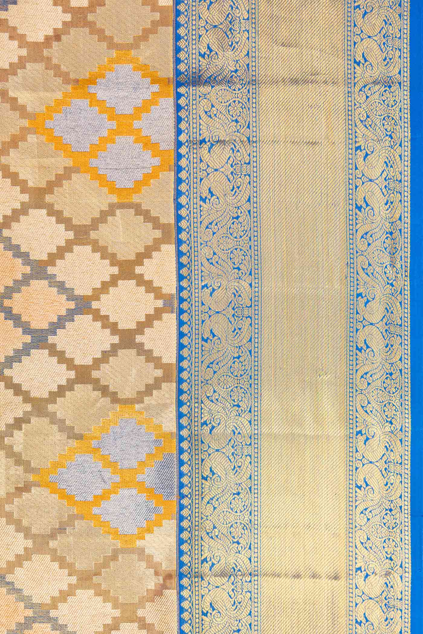 Gold with Blue Color Kanjivaram Tissue Silk Saree - Image 3