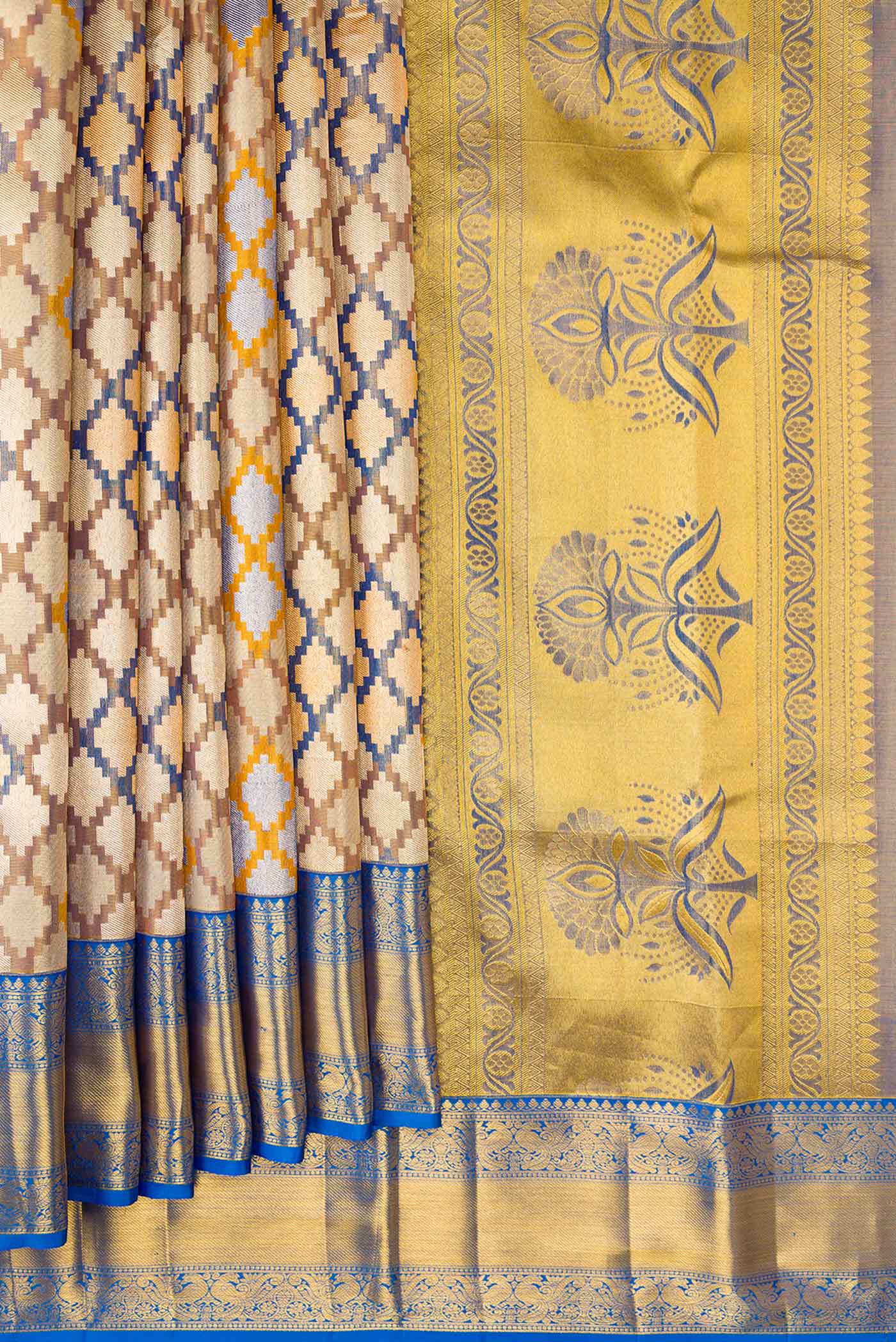 Gold with Blue Color Kanjivaram Tissue Silk Saree - Image 4