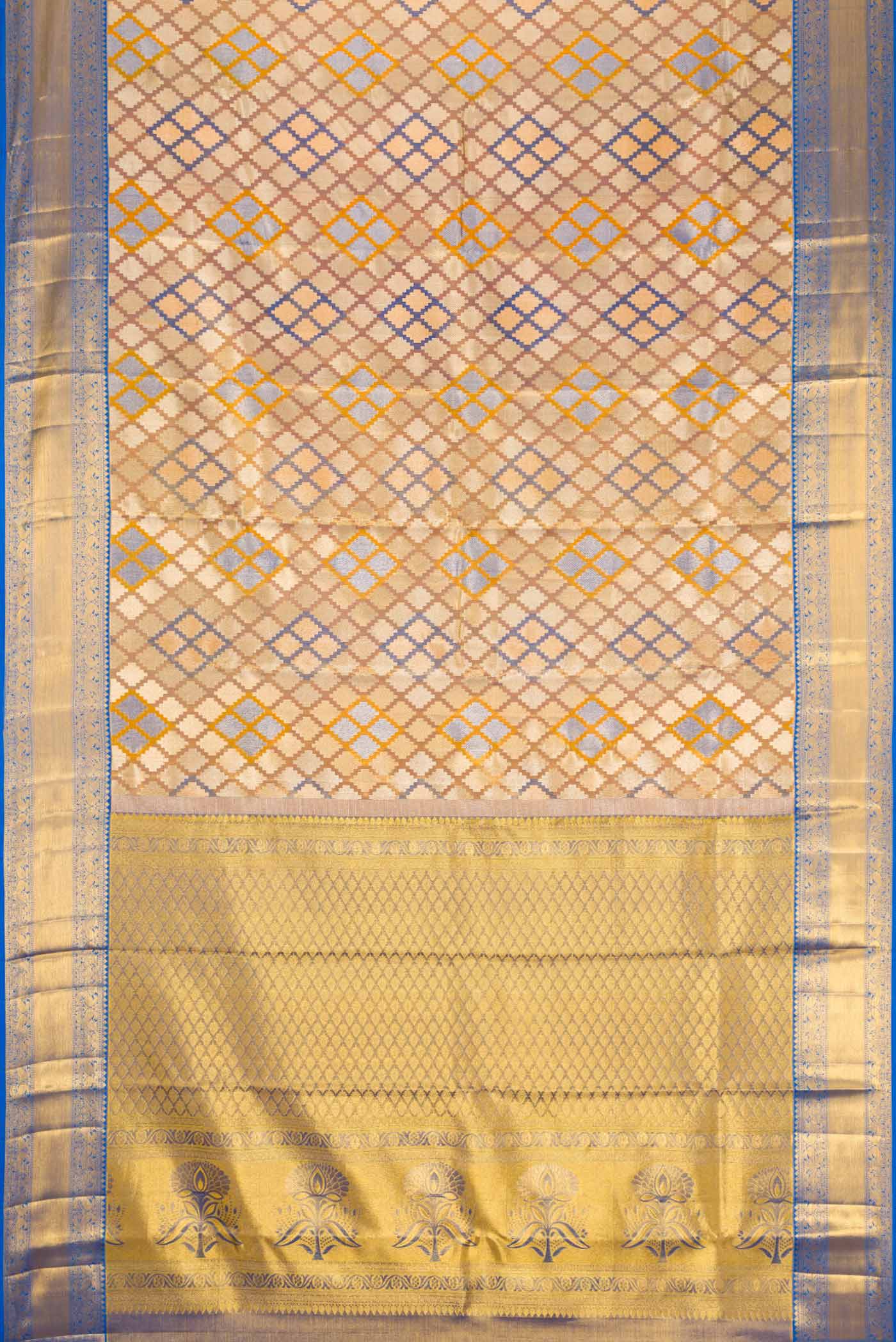 Gold with Blue Color Kanjivaram Tissue Silk Saree - Image 6