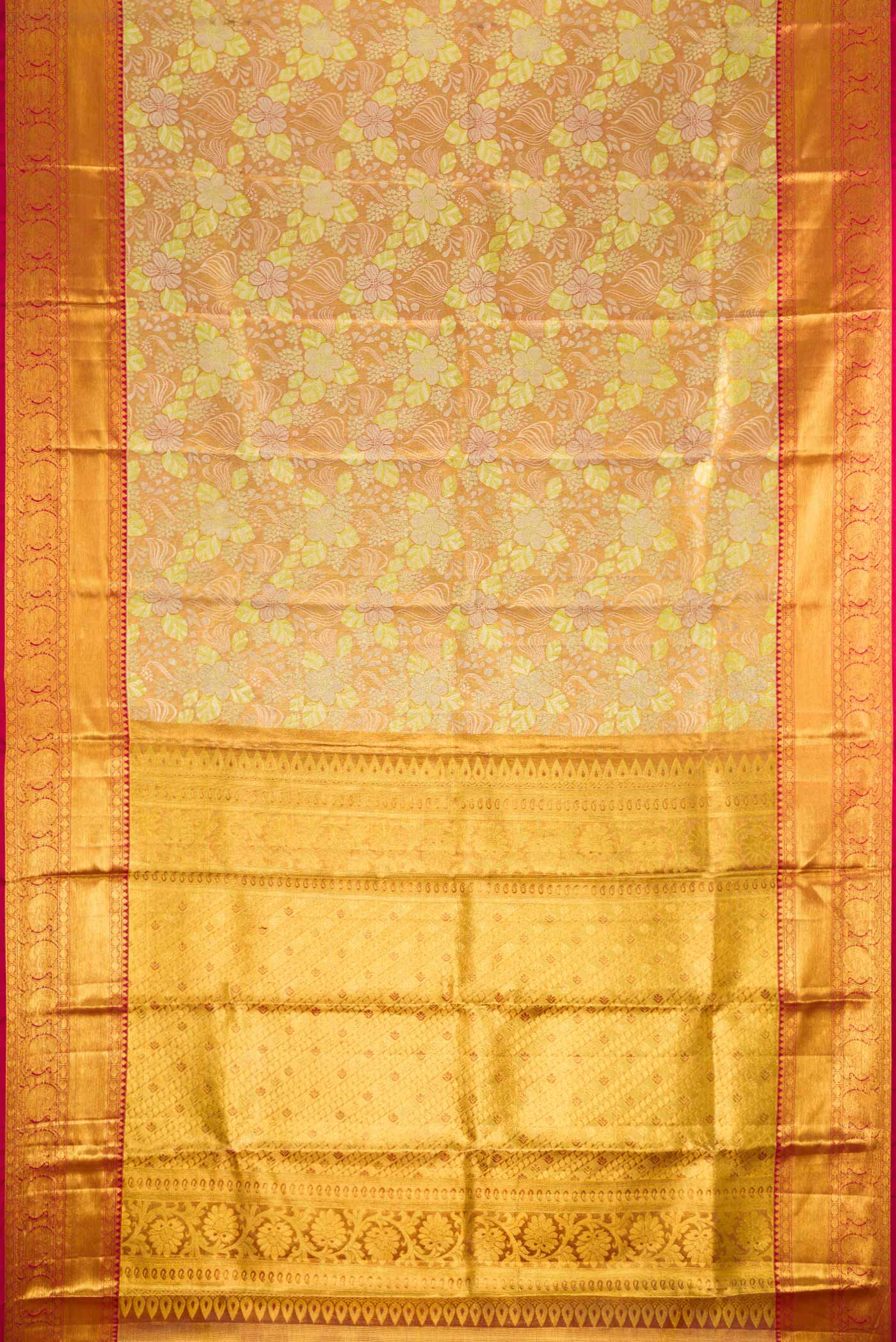 Gold with Lemon Yellow Dual Tone Kanjivaram Tissue Silk Saree - Image 6