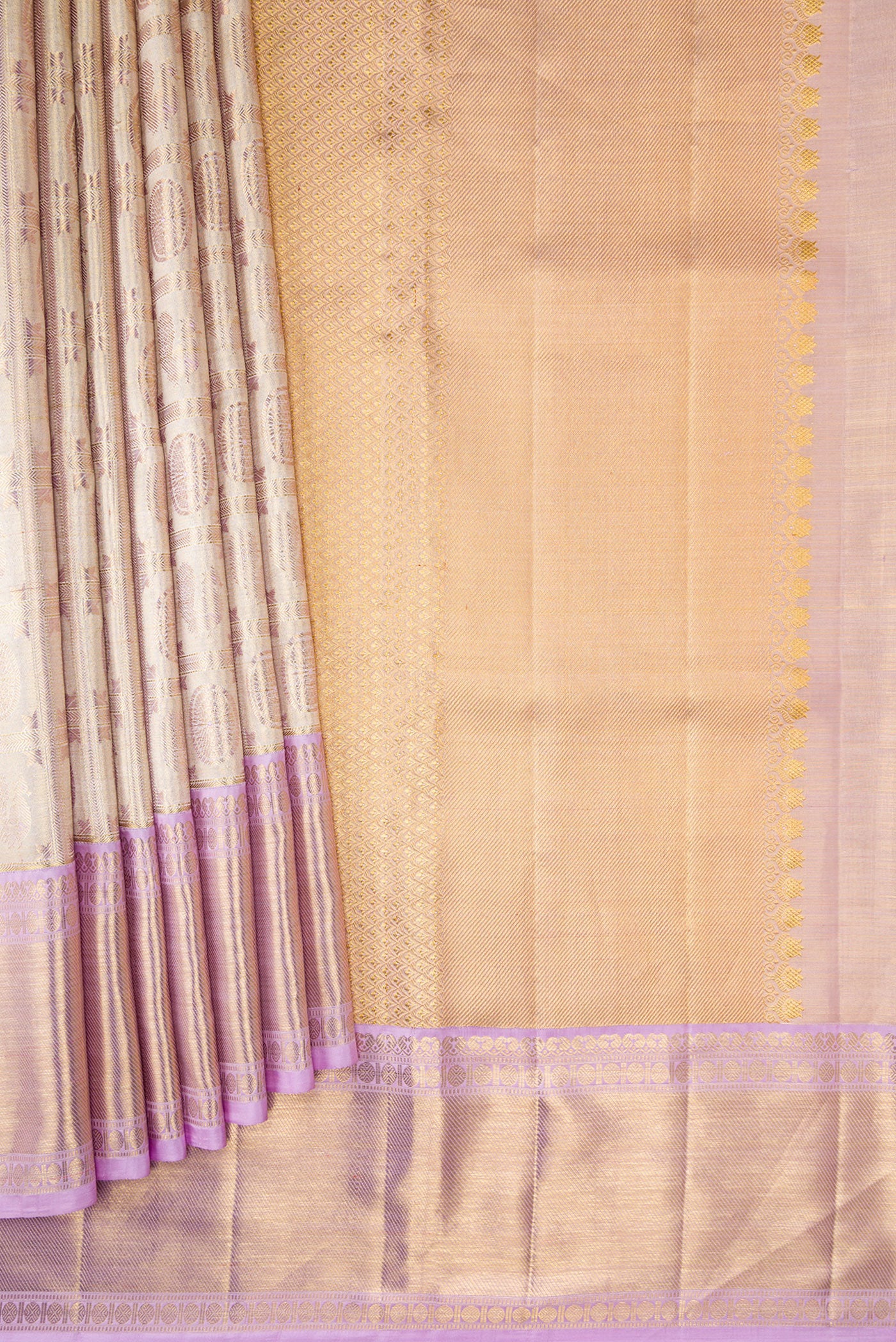 Gold with Lavender Color Kanjivaram Tissue Silk Saree - Image 4
