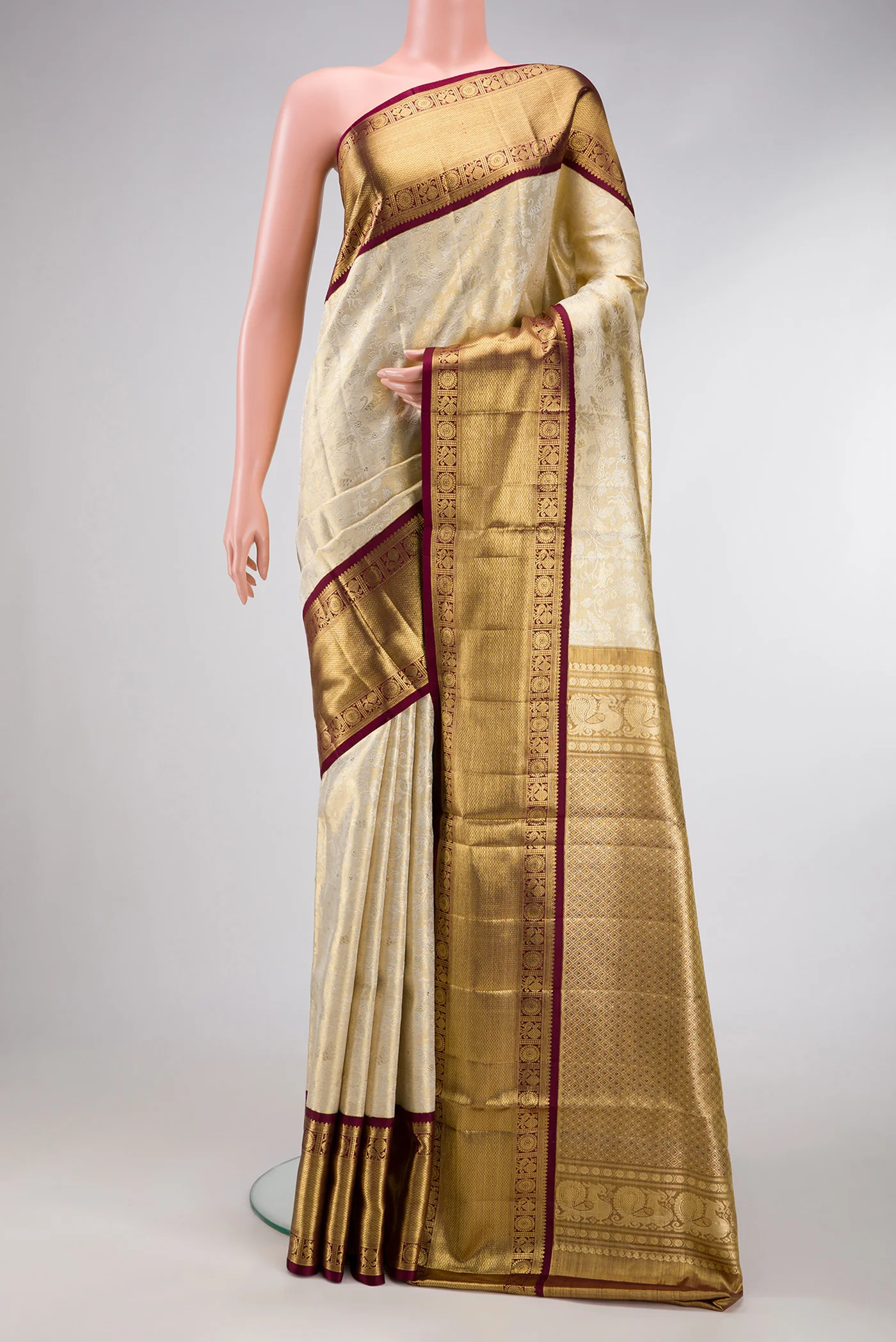 Cream with Gold Color Kanjivaram Tissue Silk Saree