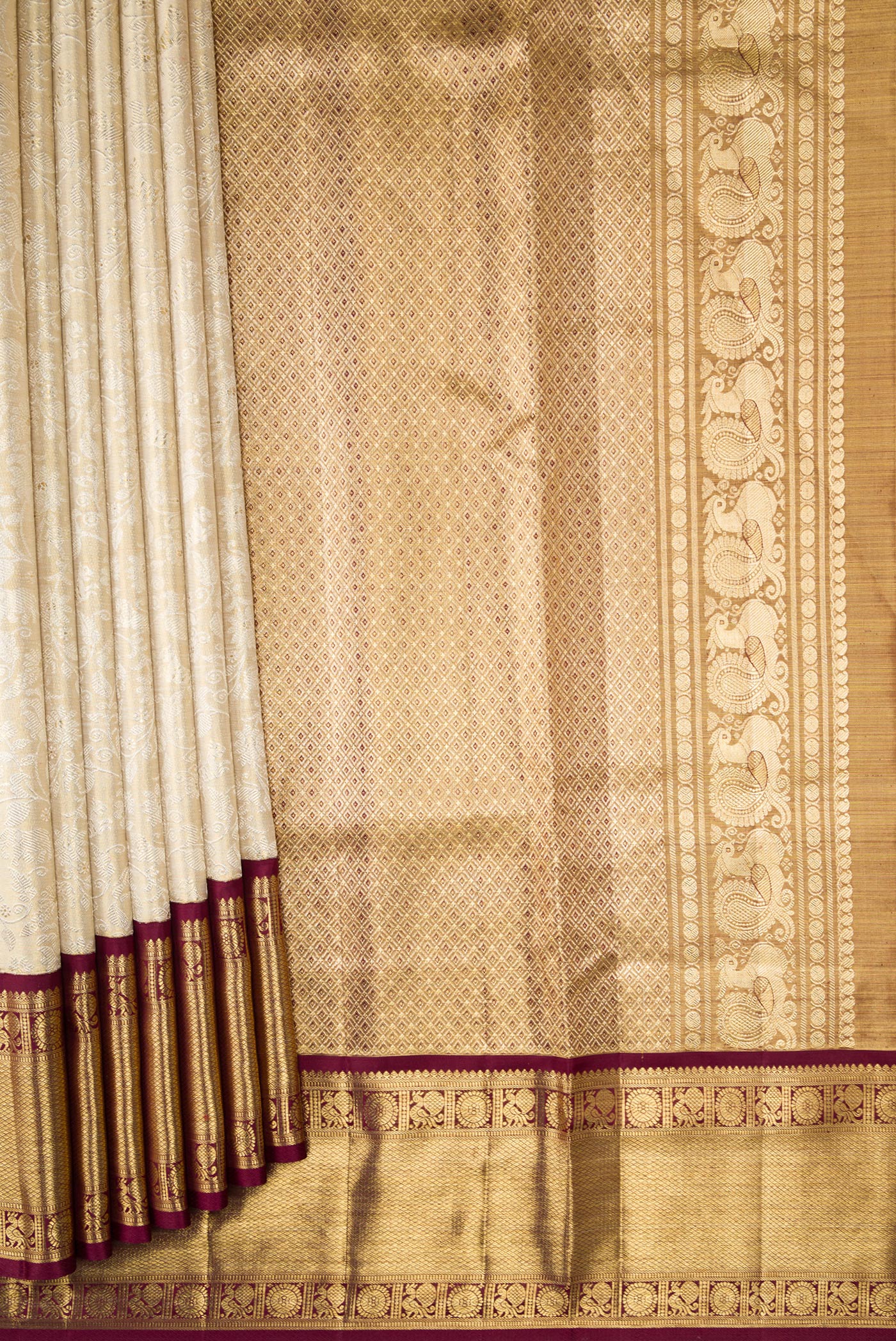 Cream with Gold Color Kanjivaram Tissue Silk Saree - Image 4