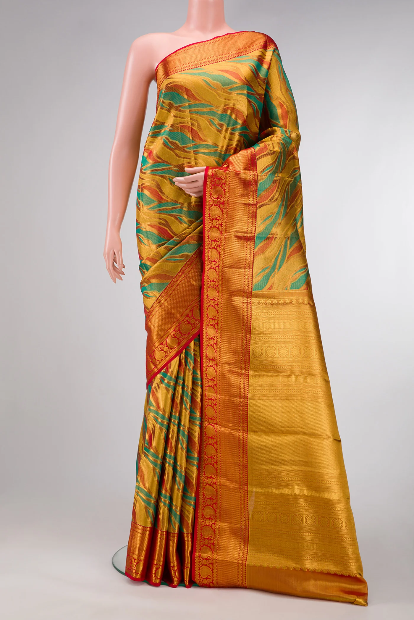 Golden and Teal Color Kanjivaram Tissue Silk Saree