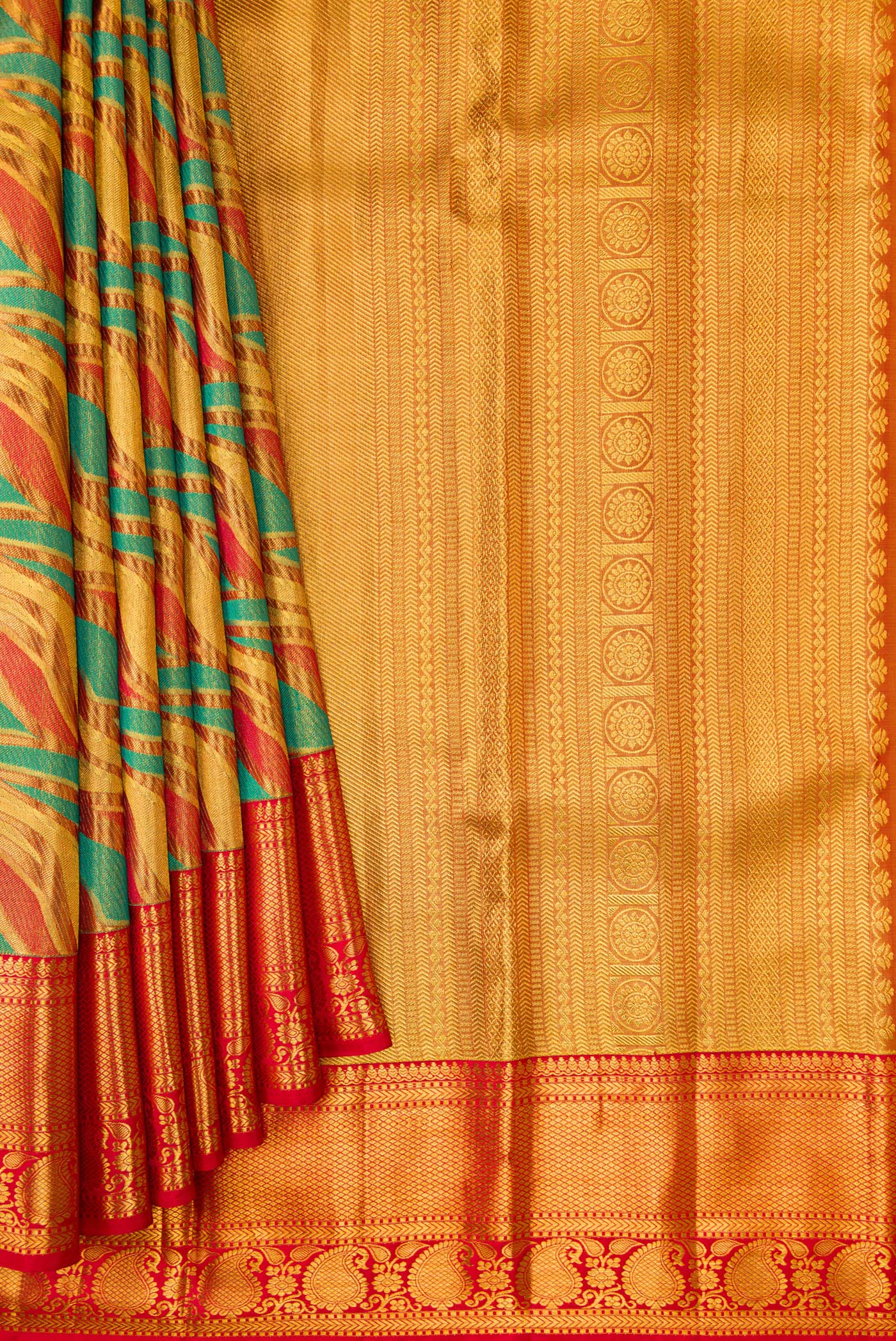 Golden and Teal Color Kanjivaram Tissue Silk Saree - Image 4