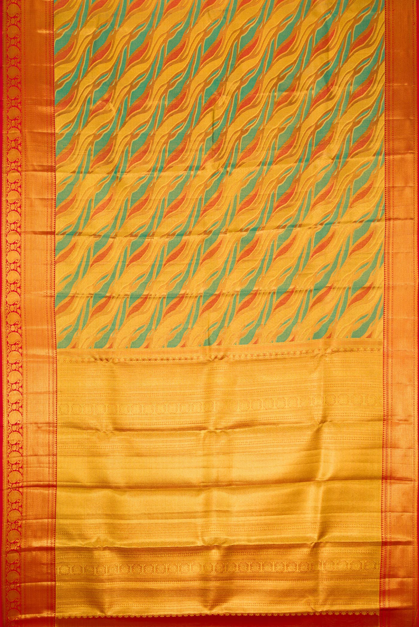Golden and Teal Color Kanjivaram Tissue Silk Saree - Image 6