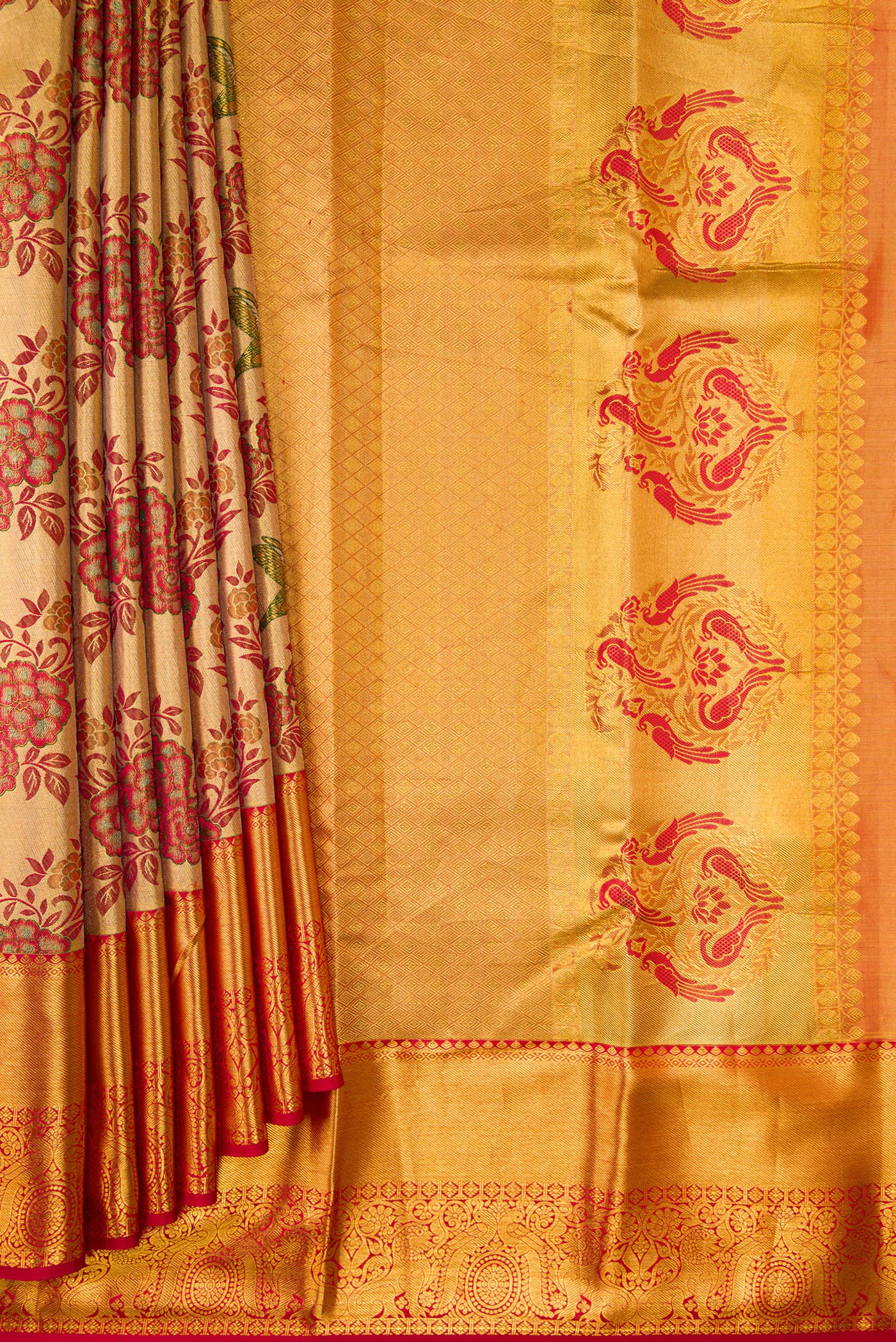 Gold with Red Color Kanjivaram Tissue Silk Saree - Image 4