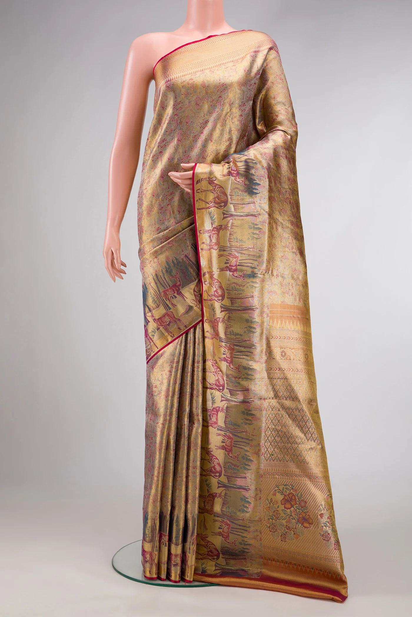 Gold with Pink Color Kanjivaram Tissue Silk Saree