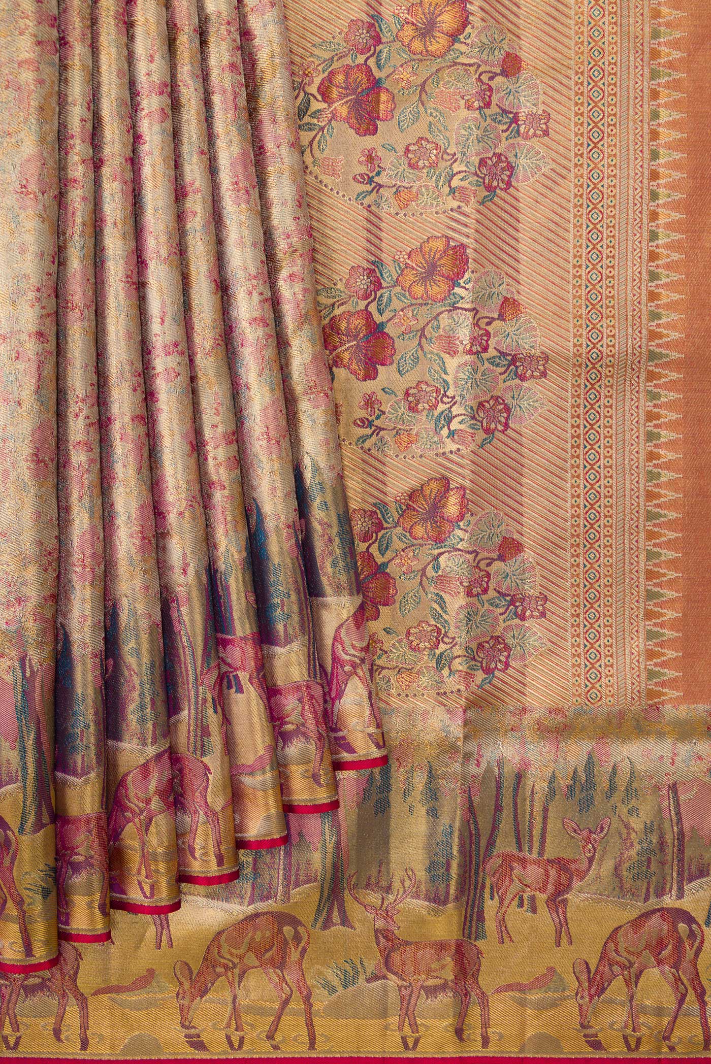 Gold with Pink Color Kanjivaram Tissue Silk Saree - Image 4