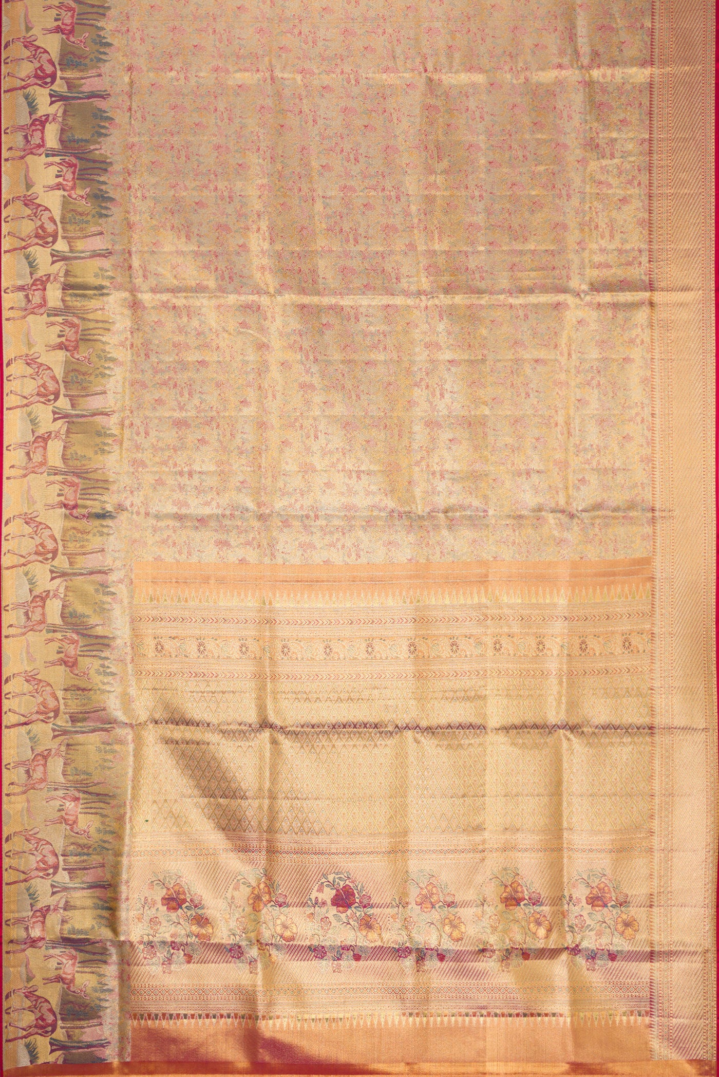 Gold with Pink Color Kanjivaram Tissue Silk Saree - Image 6
