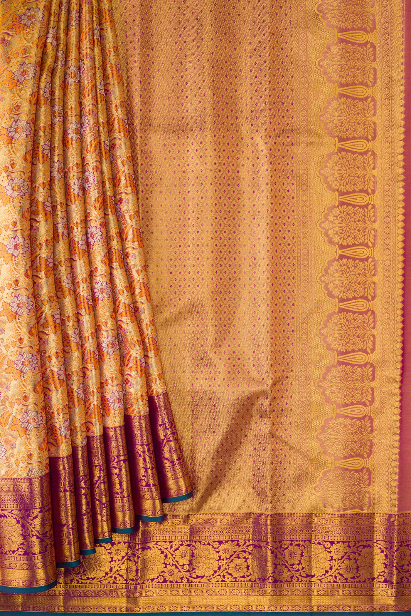 Gold Dual Tone Kanjivaram Tissue Silk Saree - Image 4