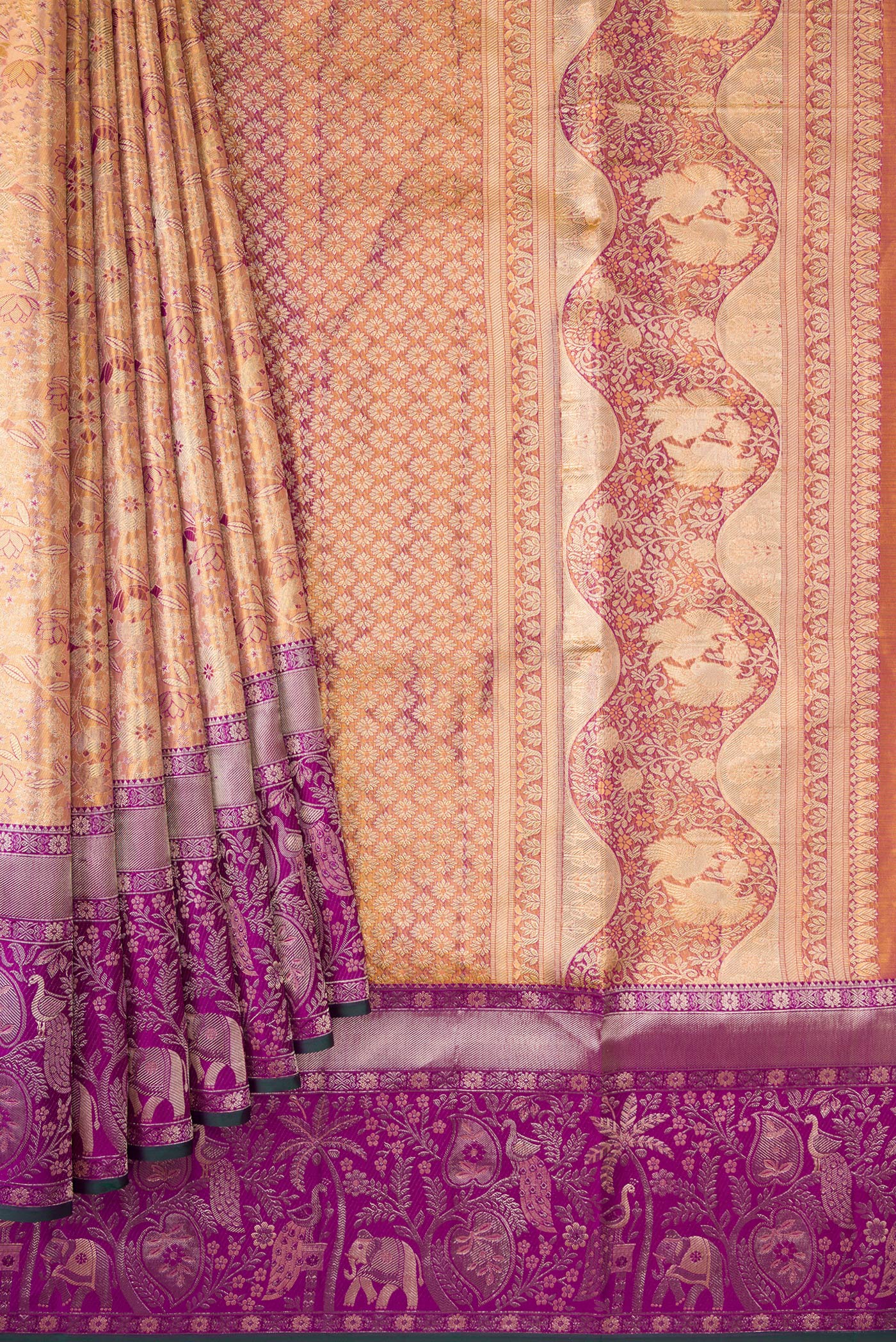 Peach Dual Tone Kanjivaram Tissue Silk Saree - Image 4