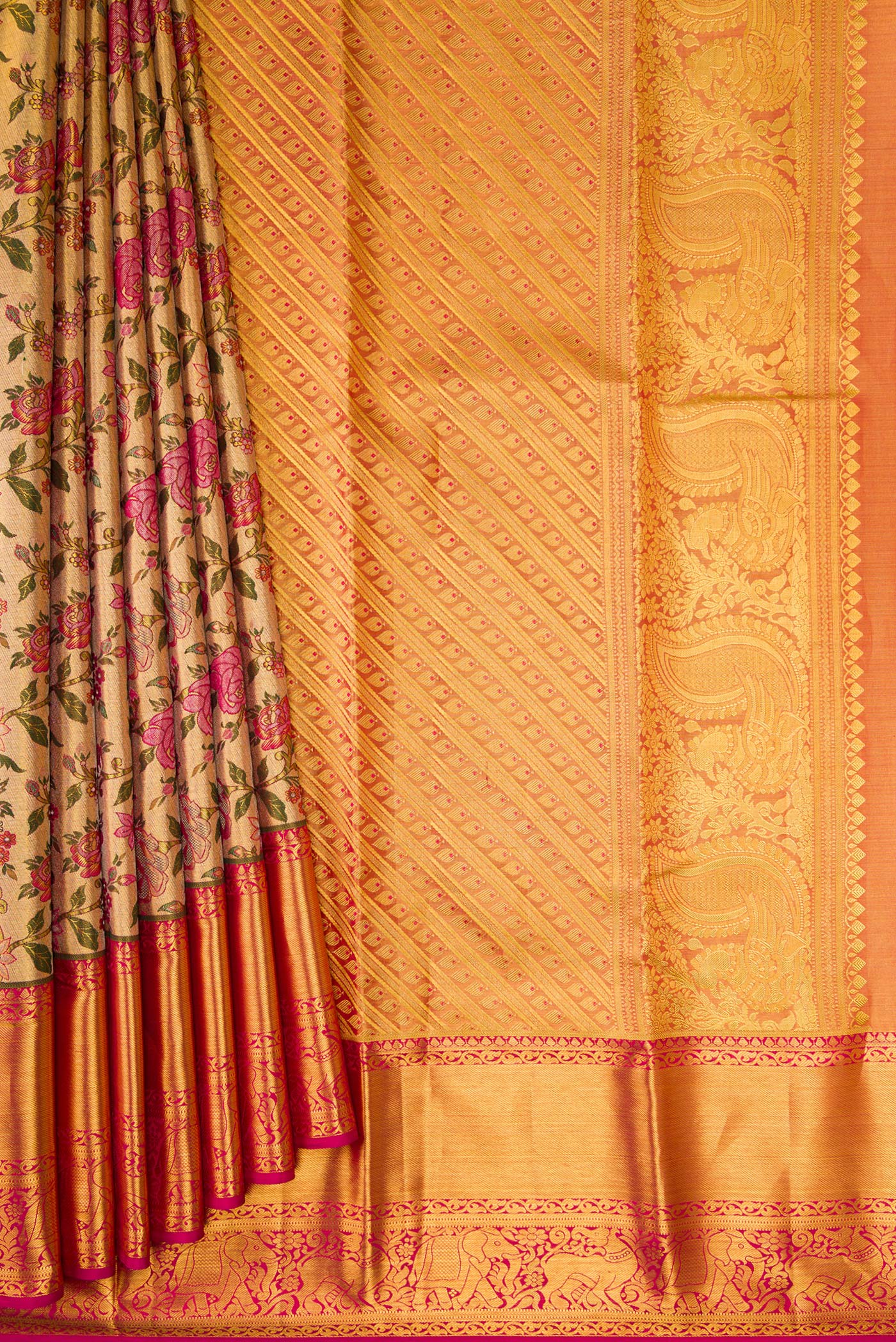 Gold Dual Tone Kanjivaram Tissue Silk Saree - Image 4