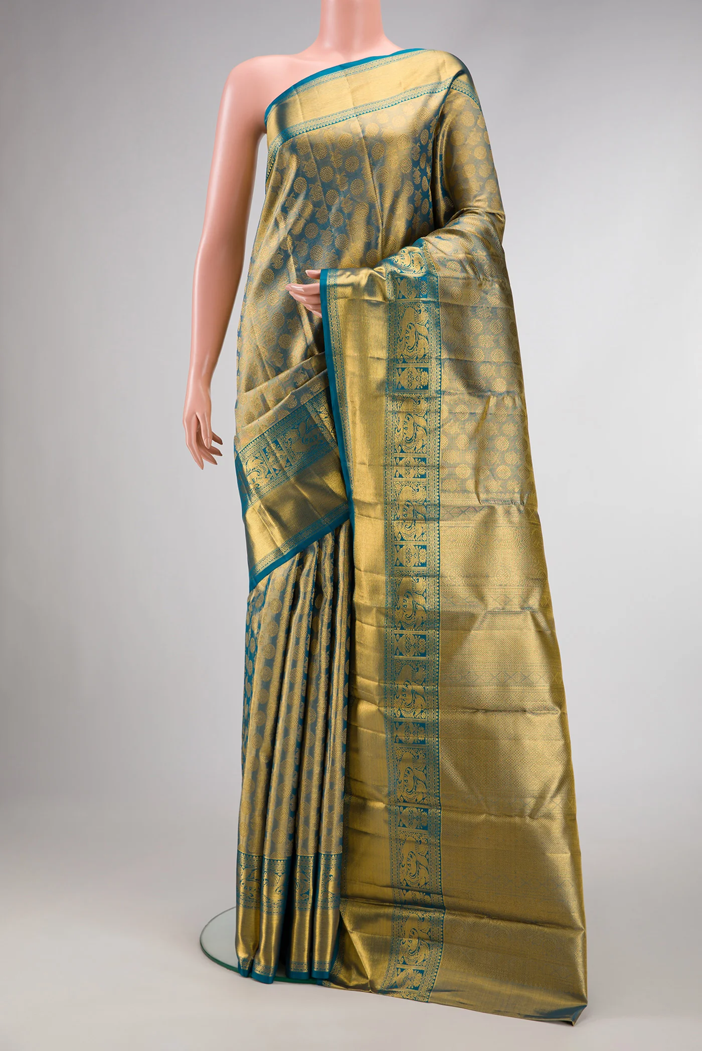 Gold with Blue Color Kanchipuram Tissue Silk Saree