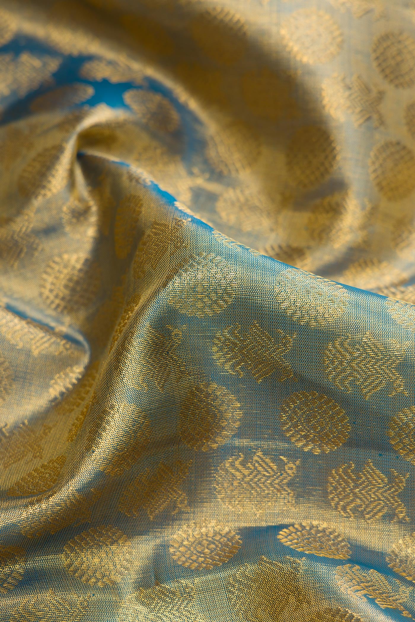 Gold with Blue Color Kanchipuram Tissue Silk Saree - Image 2