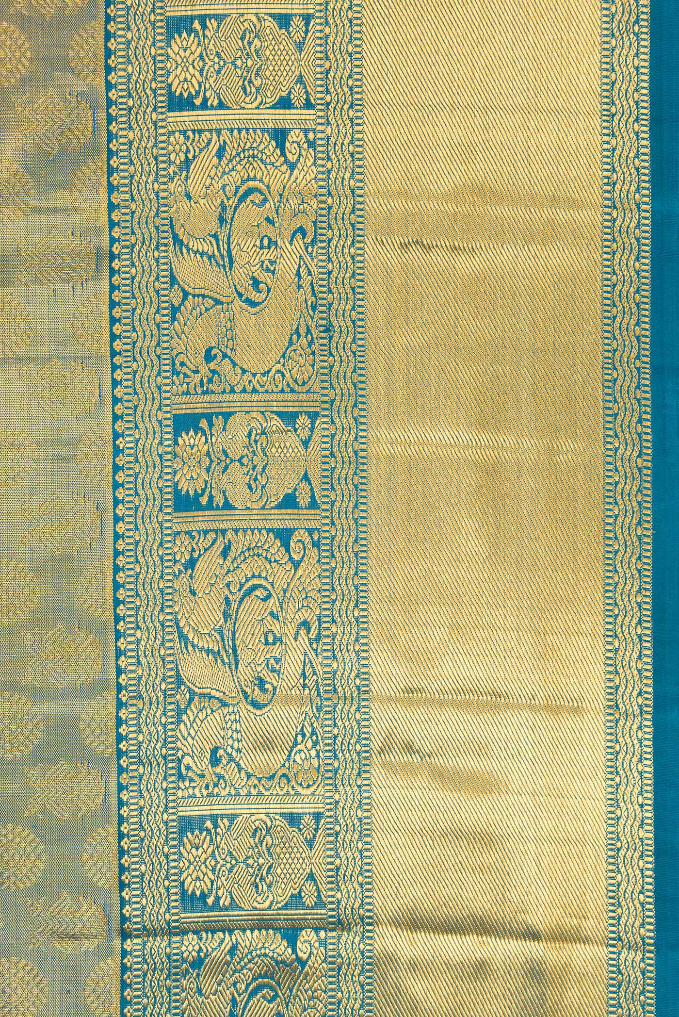 Gold with Blue Color Kanchipuram Tissue Silk Saree - Image 3