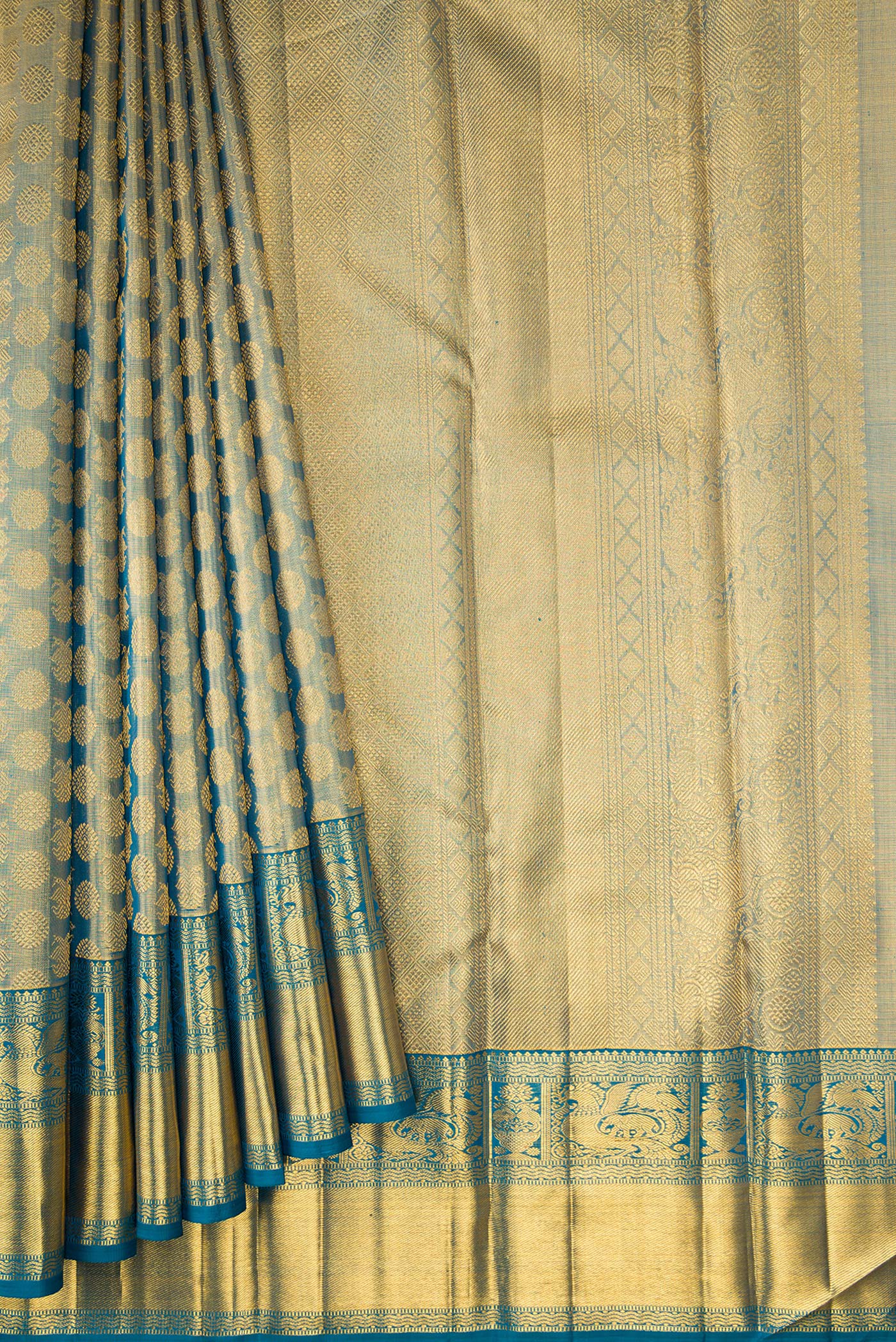 Gold with Blue Color Kanchipuram Tissue Silk Saree - Image 4