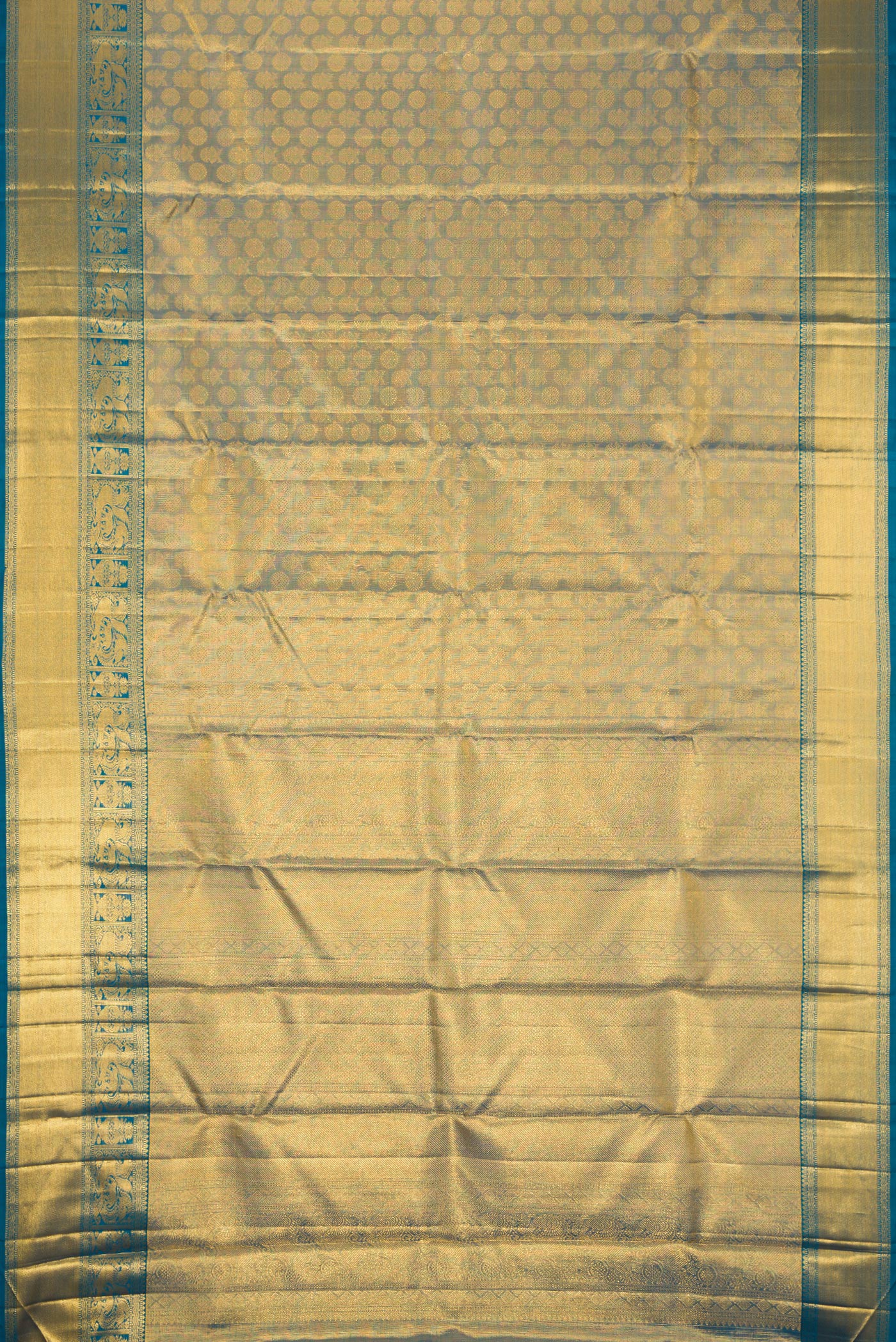 Gold with Blue Color Kanchipuram Tissue Silk Saree - Image 6