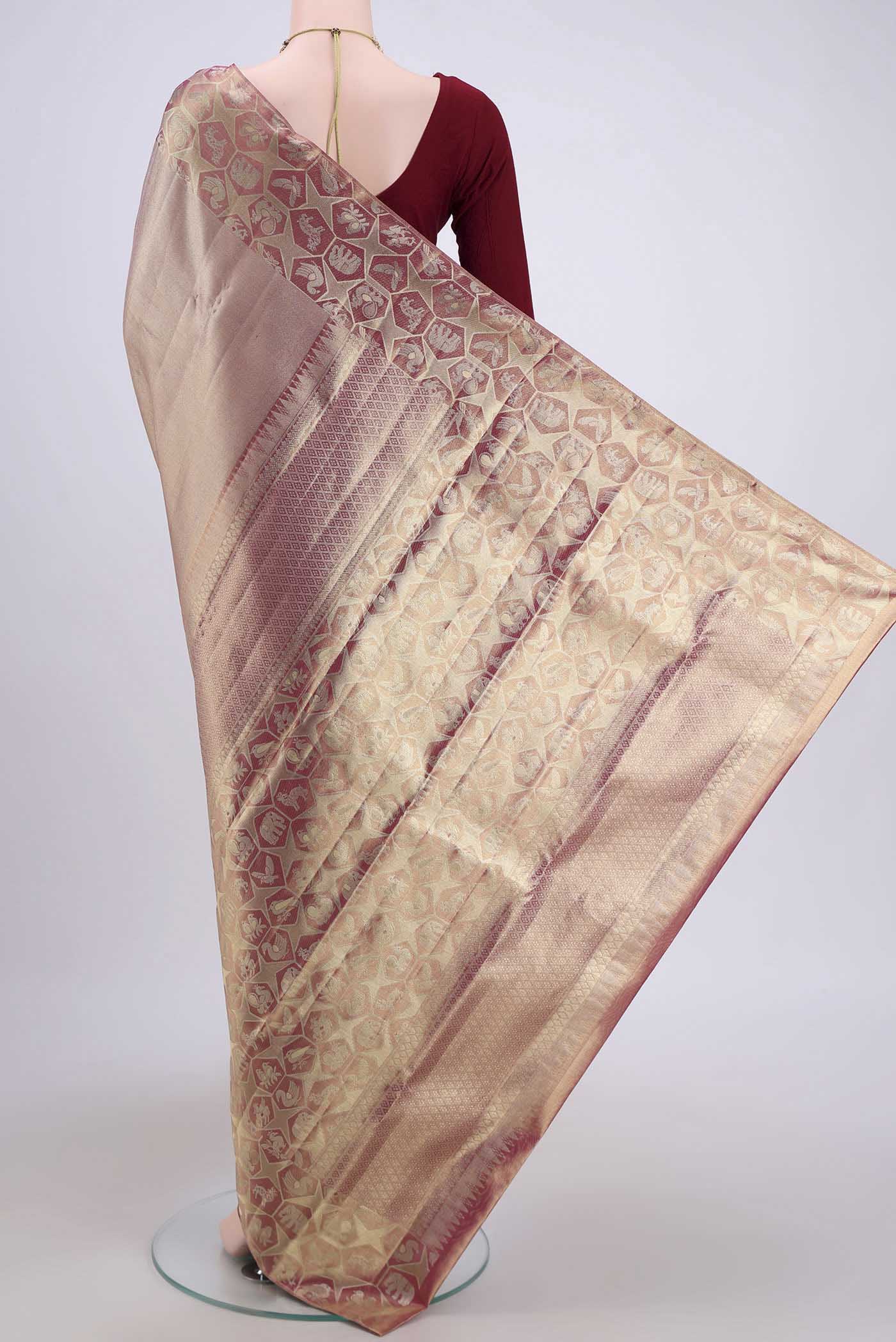 Rose Gold Dual Tone Kanjivaram Tissue Silk Saree - Image 3
