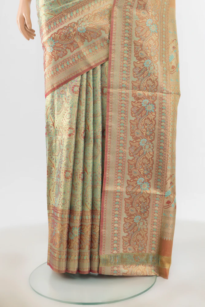 Light Blue with Gold Color Kanchipuram Tissue Silk Nine Yards Saree - Image 3