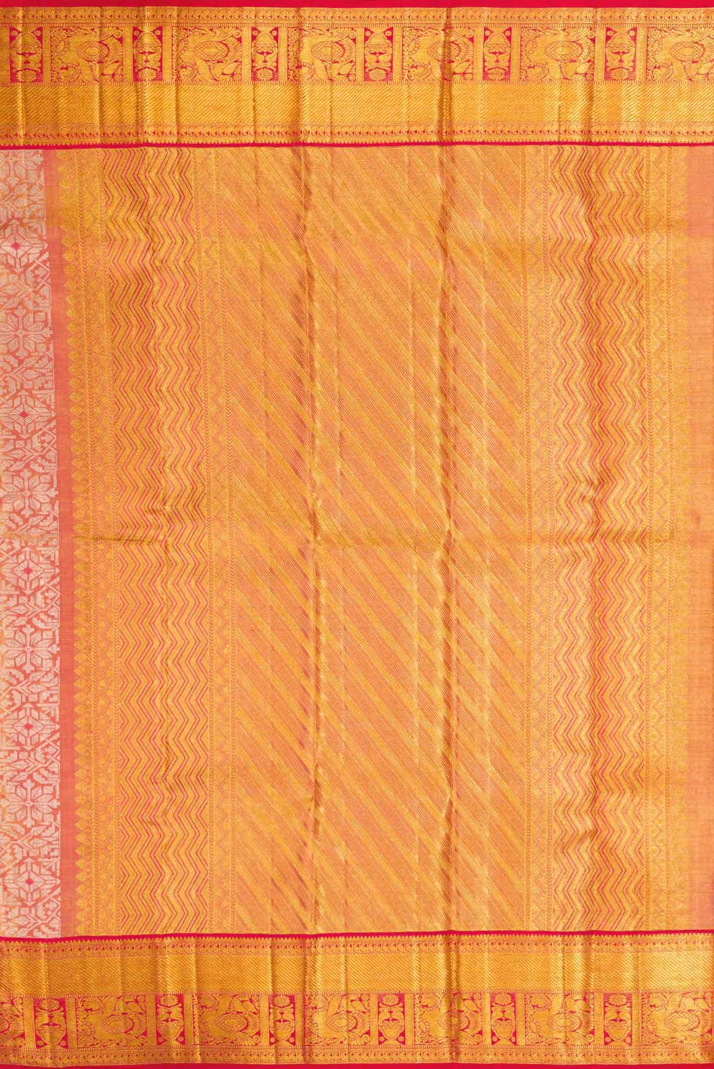 Golden Peach Dual Tone Kanchipuram Tissue Silk Saree - Image 5