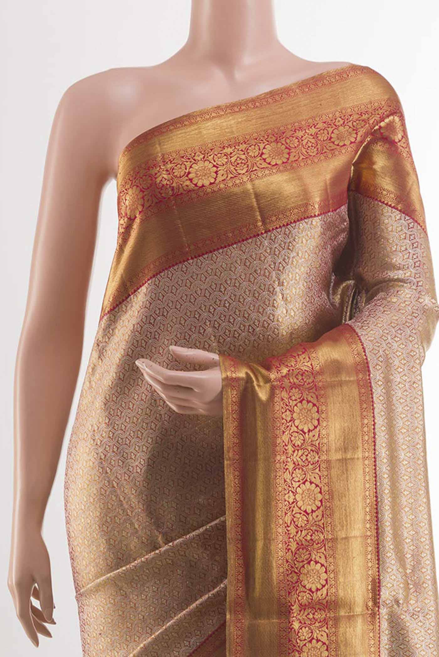 Gold with Rose Gold Color Kanjivaram Tissue Silk Saree - Image 2