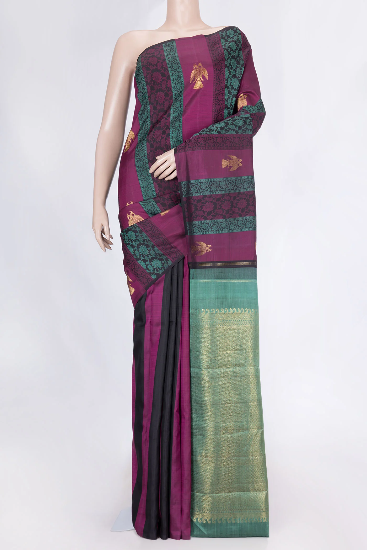 Green and Pink Color Kanchipuram Silk Saree