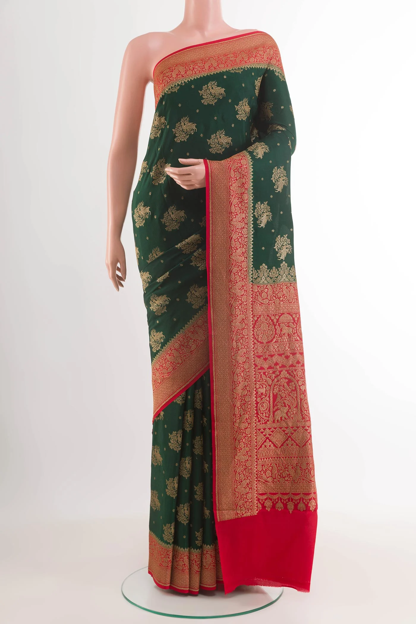 Bottle Green Banarasi Georgette Saree - Image 2