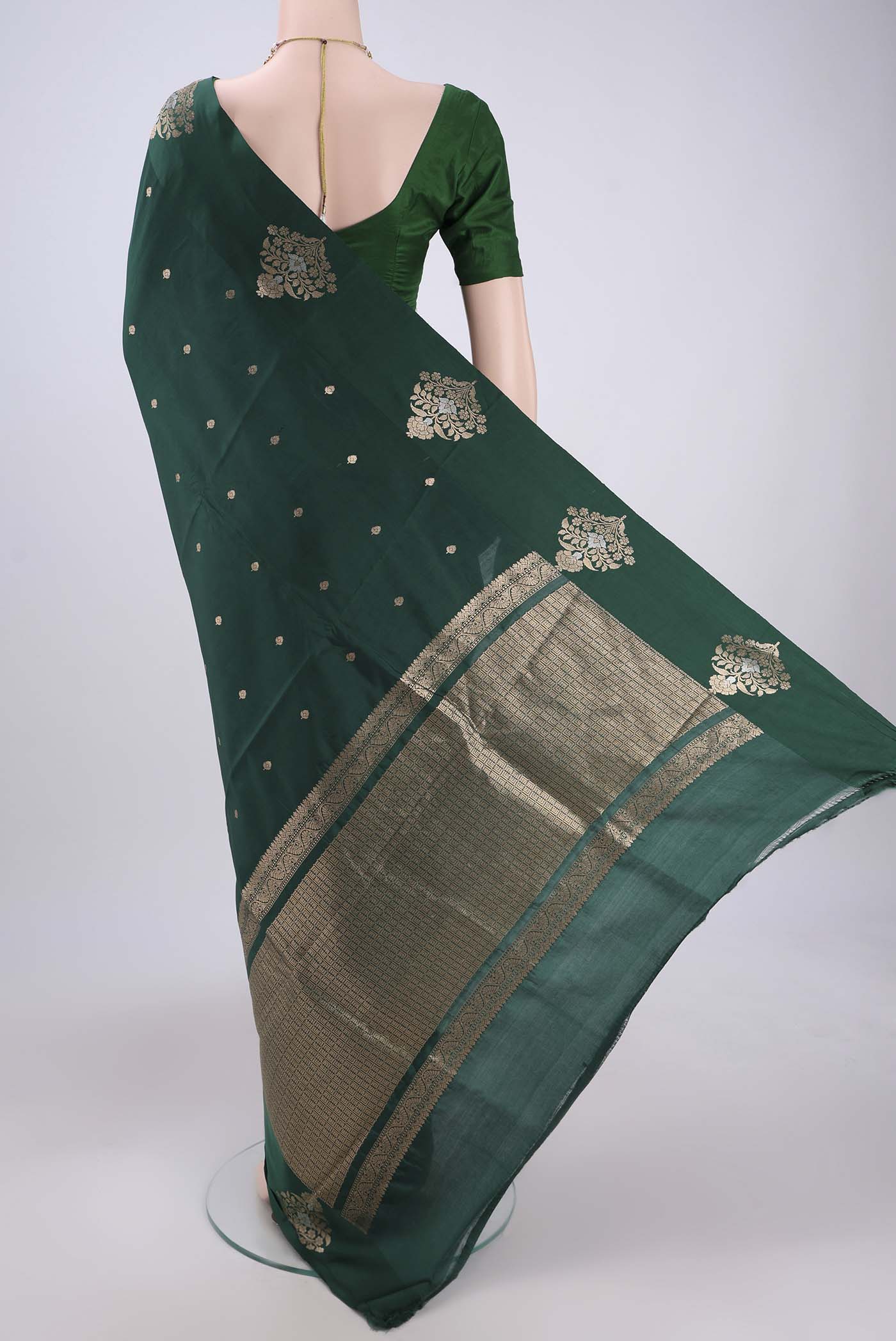 Bottle Green Banarasi Katan Silk Saree - Image 3